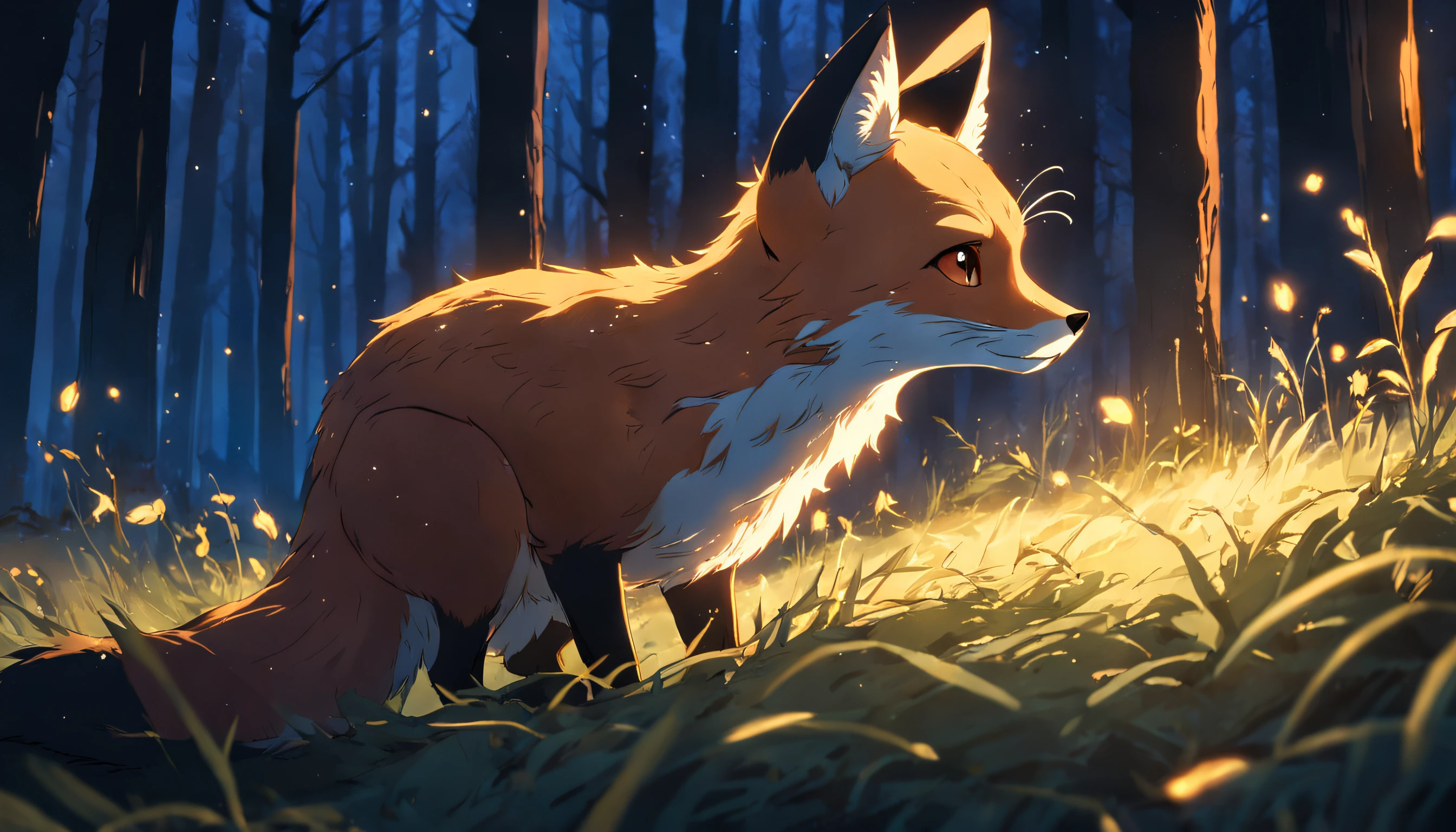 tmasterpiece, best qualityer, cinematic Film still from, 1fox, Close-up, brightly, cheerfulness, Soft lighting and warmth, natta, The fox looks up at the stars in the forest