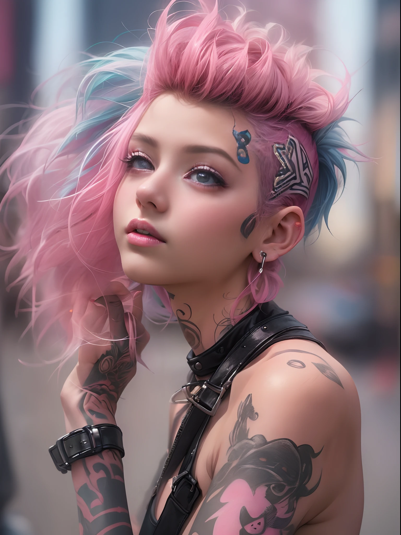 Cute 18 year old punk girl,、(top-quality、in 8K、32K、​masterpiece、NSFW)、(Photorealsitic:1.4),Fancy makeup, shapeless punk hair,punk fashion、A pink-haired,、Tattoos on the body,、Downtown District Background、Backlight effect、depth of fields,blurry backround,