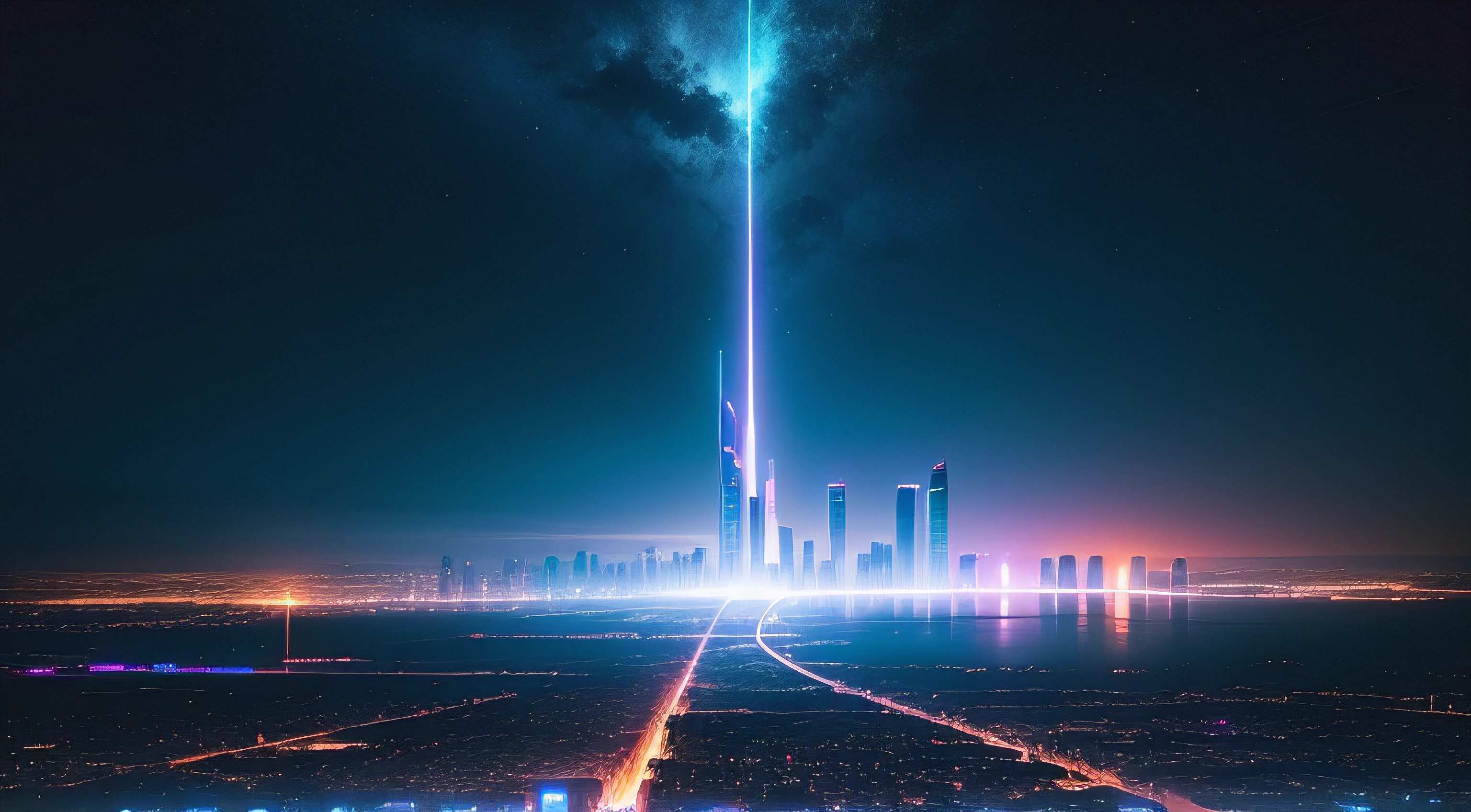 (obra prima) cidade no estilo cyberpunk, illuminated sky, neon, imagem vista de cima, paisagem ampla, cidade futurista