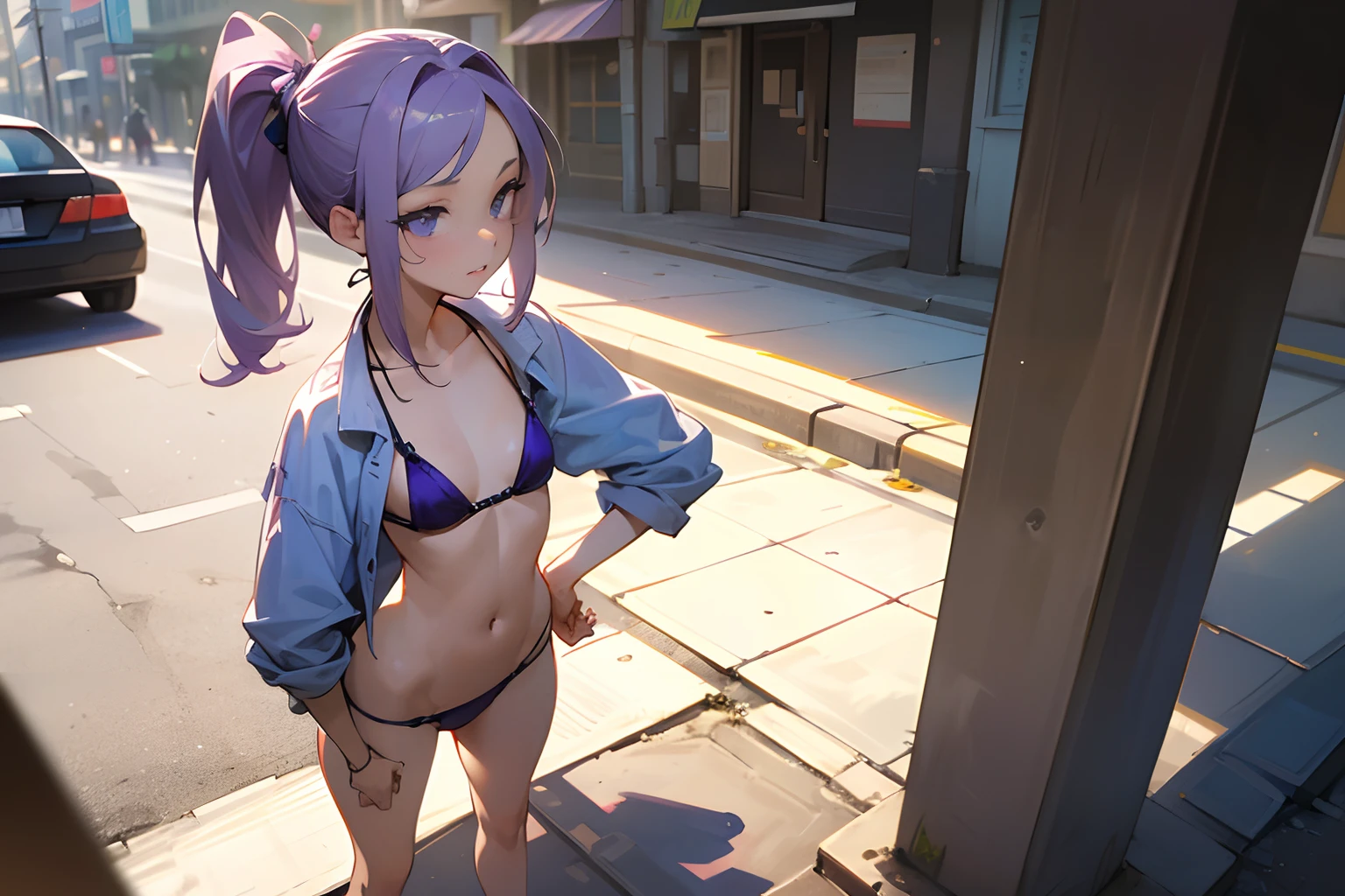 (short ponytail,Best Quality), ((Masterpiece)), (High Definition:1.3), Beautiful,(Masterpiece), Realistic, Beautiful photo, wide-shot, Dirty street corner、1girl, Put your hands on your hips、Slender small breasts、Sexy face、light purple hair、Cute Beautiful Girl、Small Bikini、No clothes