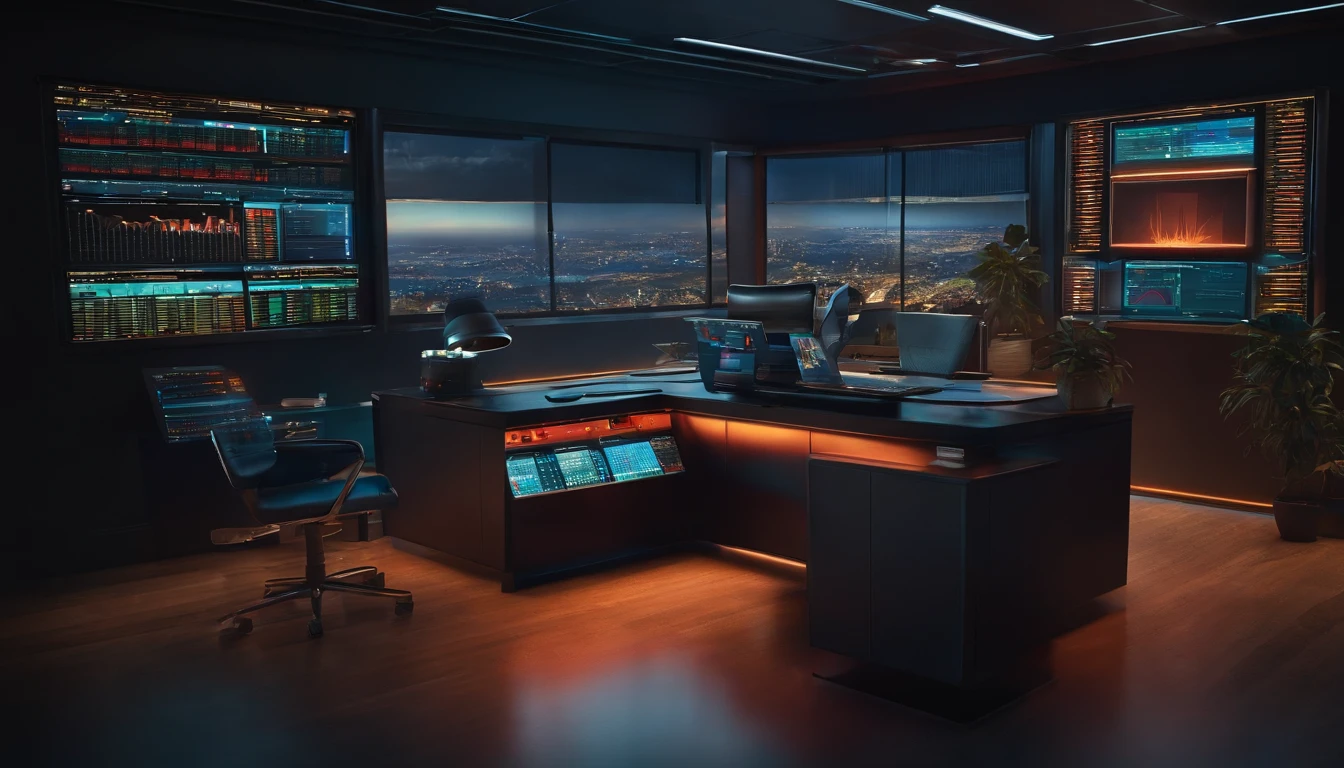 Variable income trading desk with computer, luz matinal