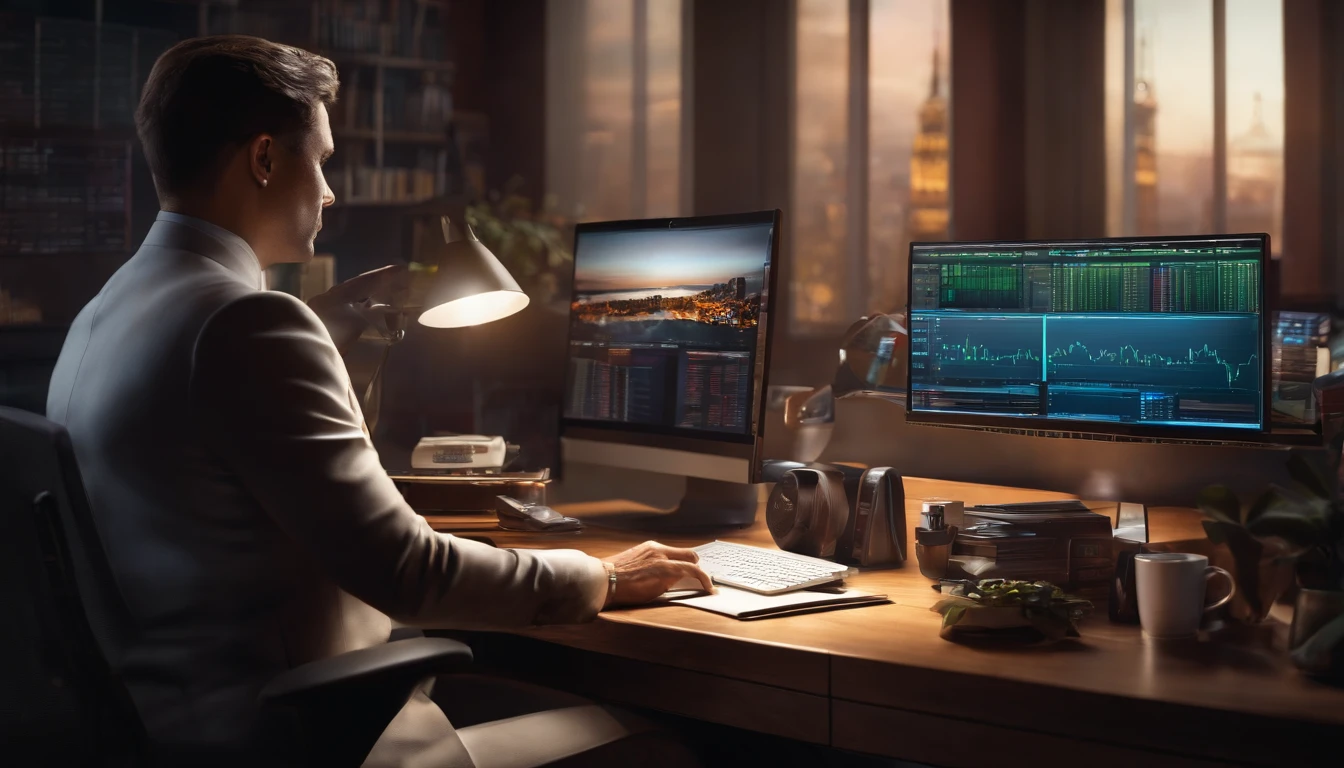 Variable income trading desk with computer, luz matinal