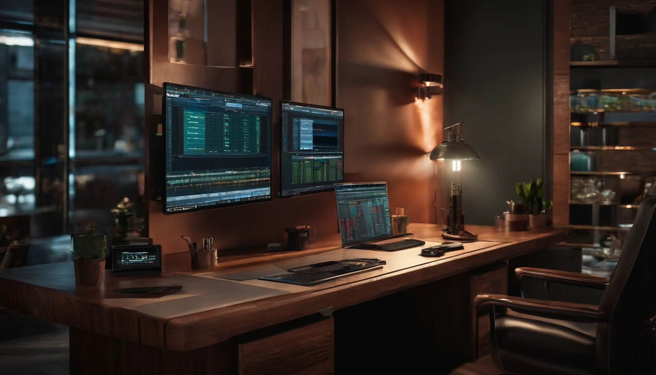 Variable income trading desk with computer, luz matinal