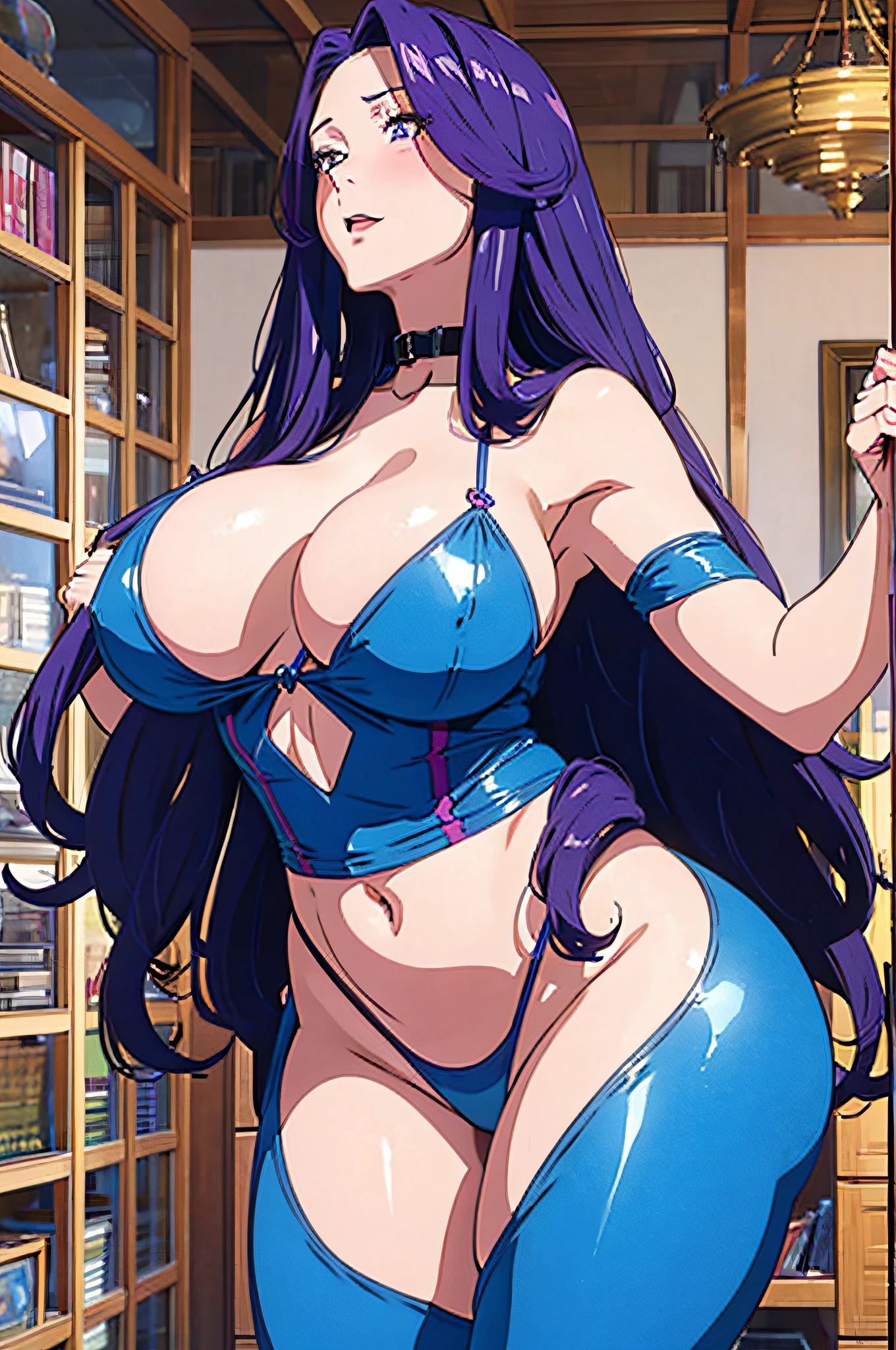 Medusa Fate , Medusa FGO , Ufotable original character, long Purple hair with open forehead, anime girl , solo , detailed purple eyes, Beautiful caucasian mature woman with pale white skin , extremely delicate and beautiful woman, Tall goddess, 185cm+ height ,1:8 head to body proportions, 30+years woman , bbw girl , huge ass , wide hips, curvy, soft belly , giant tits , H-cup breasts ,sexually aroused,excited and blushing , Submissive girl, Mature milf queen, royalty, lustful expression , expressive face , half body, white-blue color outfit, fully clothed, open cleavage,royalty, milf, queen