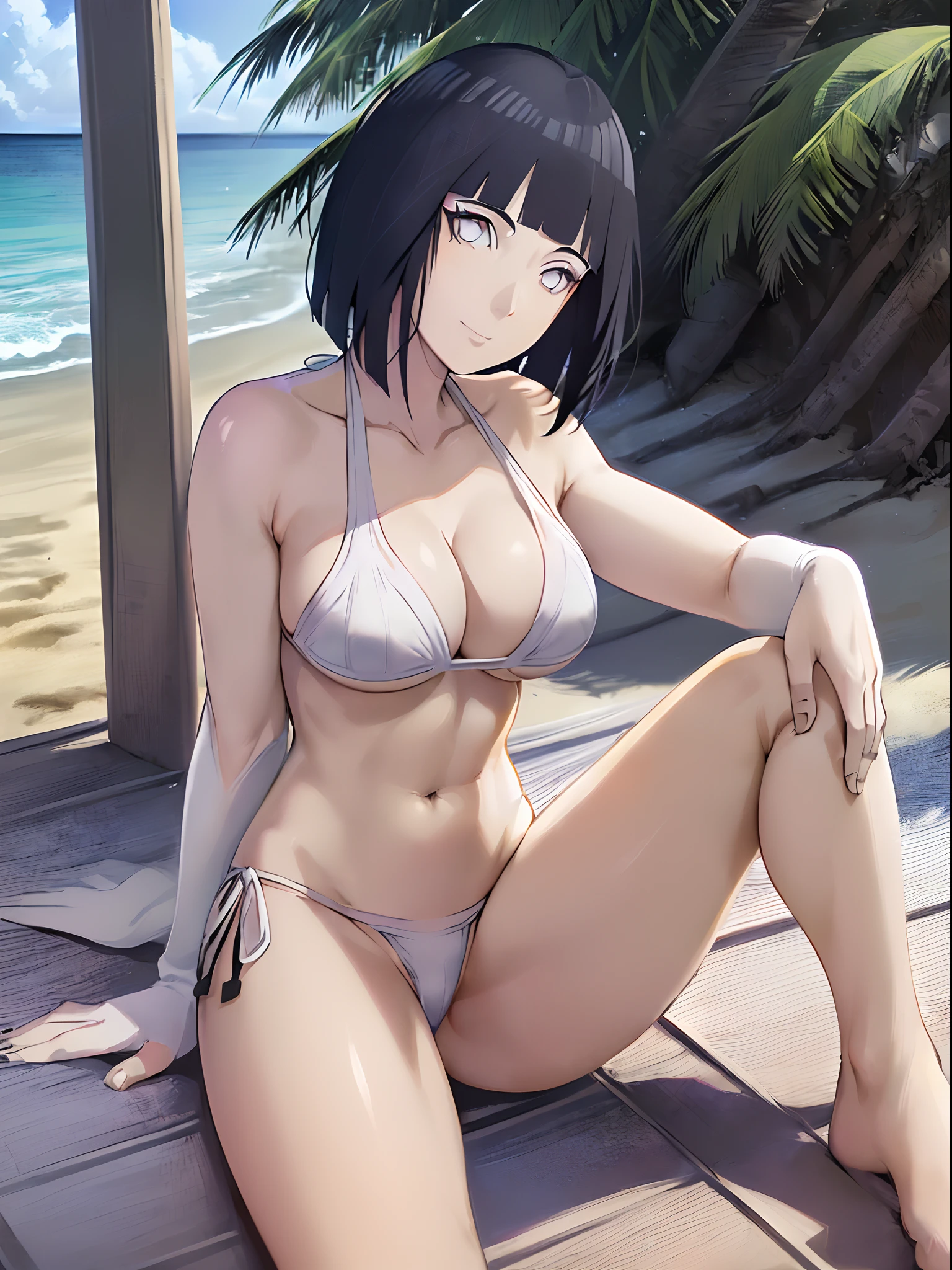 (WALLPAPER, (hinata\(boruto\), (((white string bikini))), masterpiece, 4k, vector coloring, whole body shot, (high color saturation), contrast lighting, mature female, (curvy:0.8), solo, anime style, sharp focus, professional artwork, intricate details, colorful, vibrant colors, vivid colors, digital blending, ultra detailed body, ultra detail hair, ultra detail face, trending on pixiv, very hot colors, (((beach background, outdoors))), detailed bold arm lines, high color saturation, bold lines, bold drawing lines),
(((sitting, folded legs)), (head tilt), closed mouth, kind smile, gentle look),
((dark blue hair color:1.1), wavy hair, ((short hair, hime cut)),
(perfect eyes, white sciera, bright eyes, white eyes, anime eyes, smoky eyeliner, eyeshadow)
(white skin, (fair skin), slender body, milf, perfect face),
(legs, big breasts, off-shoulders, (detailed shoulders, detailed arm lines, little biceps lines)),
(bare shoulders, bare legs, (hand on groin)),
