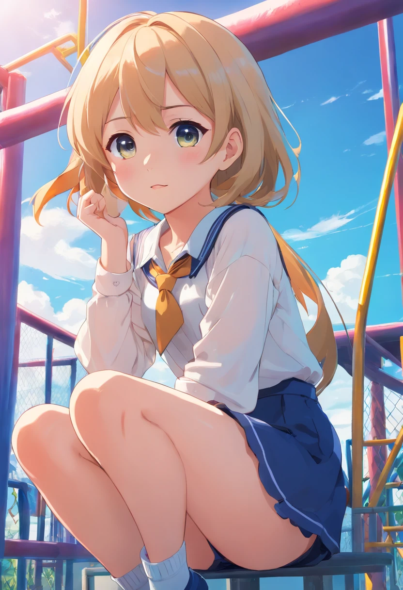 7 YEARS OLD, a sitting on top of a playground structure, cute panties, video still, white blouse, !seductive eyes and face!, poised beautiful body, school, opened dress, blond furr, socks, very beautiful long slim legs, pouches, seducing the camera, pupil