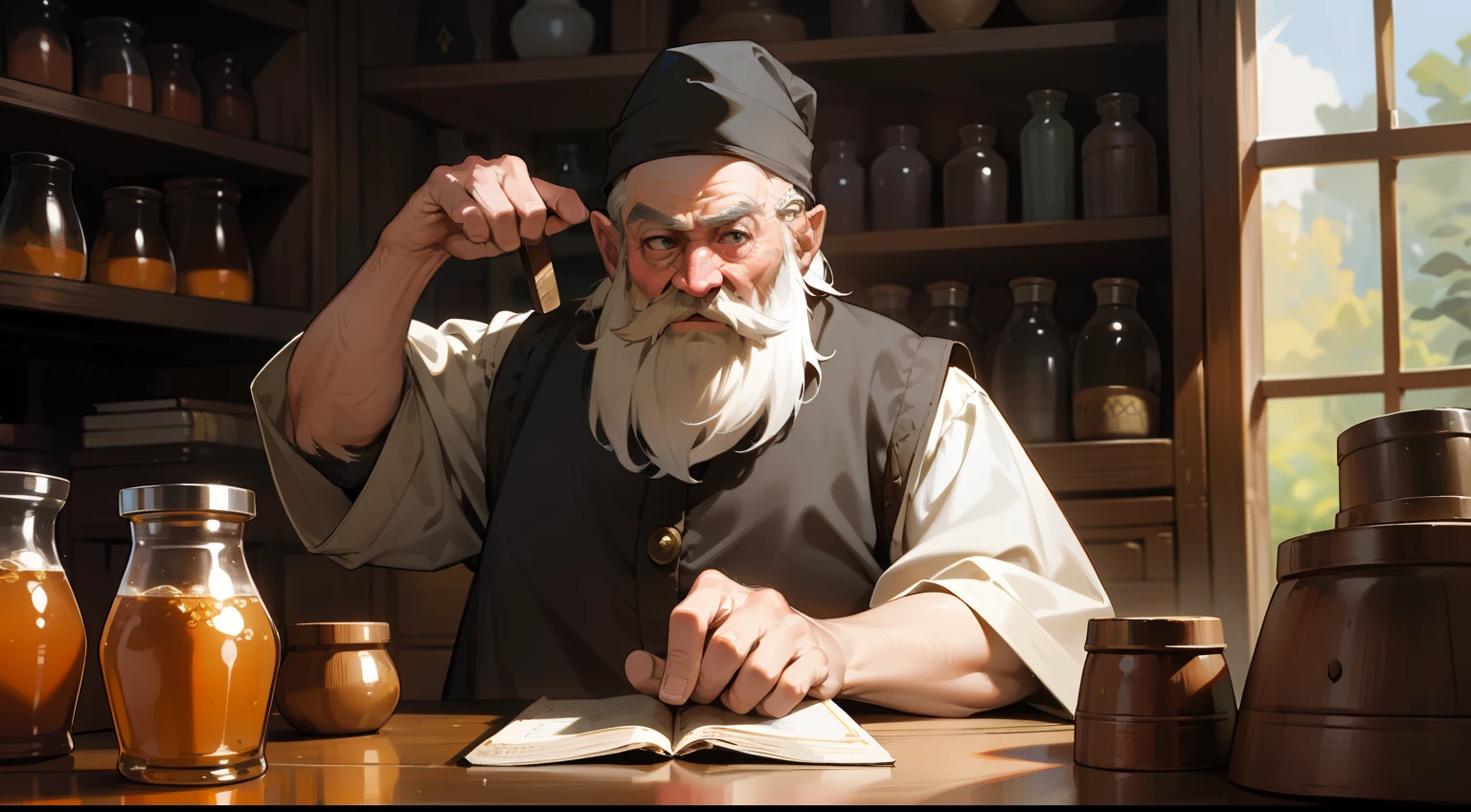 A dwarf，short，lbeard，With a hat，Skinny and small，Little old man，On the table was a book，Finger on the map on the table，Point back and forth，In the wooden house，There were plenty of honey jars in the wooden house，Western fantasy，Fairytales，Works of masters，A high resolution，Exquisite facial features