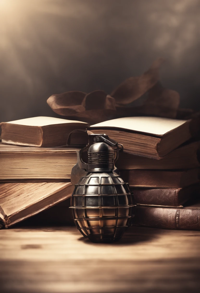 war grenade on top of books, pencil drawing style