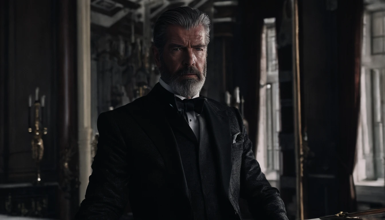 imagem de um homem com barba e terno, Pierce Brosnan como James Bond, Pierce Brosnan, homem bonito, homem de cabelos grisalhos escuros, inspired by Józef Brandt, ele tem barba e cabelos grisalhos, serious look, homem atraente, Retrato tirado 8 K, Homem de 5 0 anos, inspirado em George Lucas