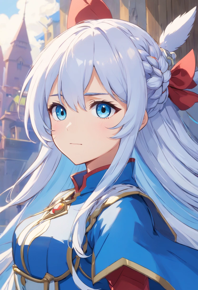 kiana kaslana honkai impact, olhos azuis marinho, armadura branca com tons de azul claro, white hair long braids twins, capa rasgada azul claro, espada na cintura, usando poderes de gelo, sorrindo, super detalhado, obra de arte, bem detalhado, seios grandes, armadura tons de vermelho e azul claro