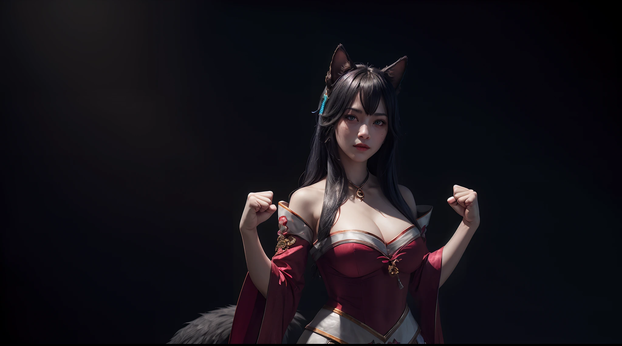 (masterpiece, best quality), intricate detailsah1, facial mark, fox tail, korean clothes, cleavage, bare shoulders, detached sleeves, 1 girl, solo, portrait, standing, lookin at viewer, cinematic, dark atmosphere, dark background, volumetric lighting, half body, black background, (fists up:1.3)