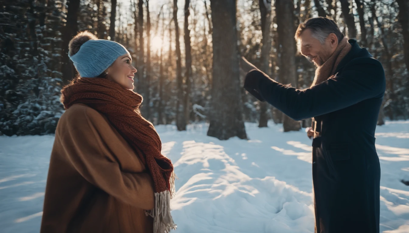 woman with scarf in winter and her husband fixing the scarf and putting a hat on her ultrarealistic 8k