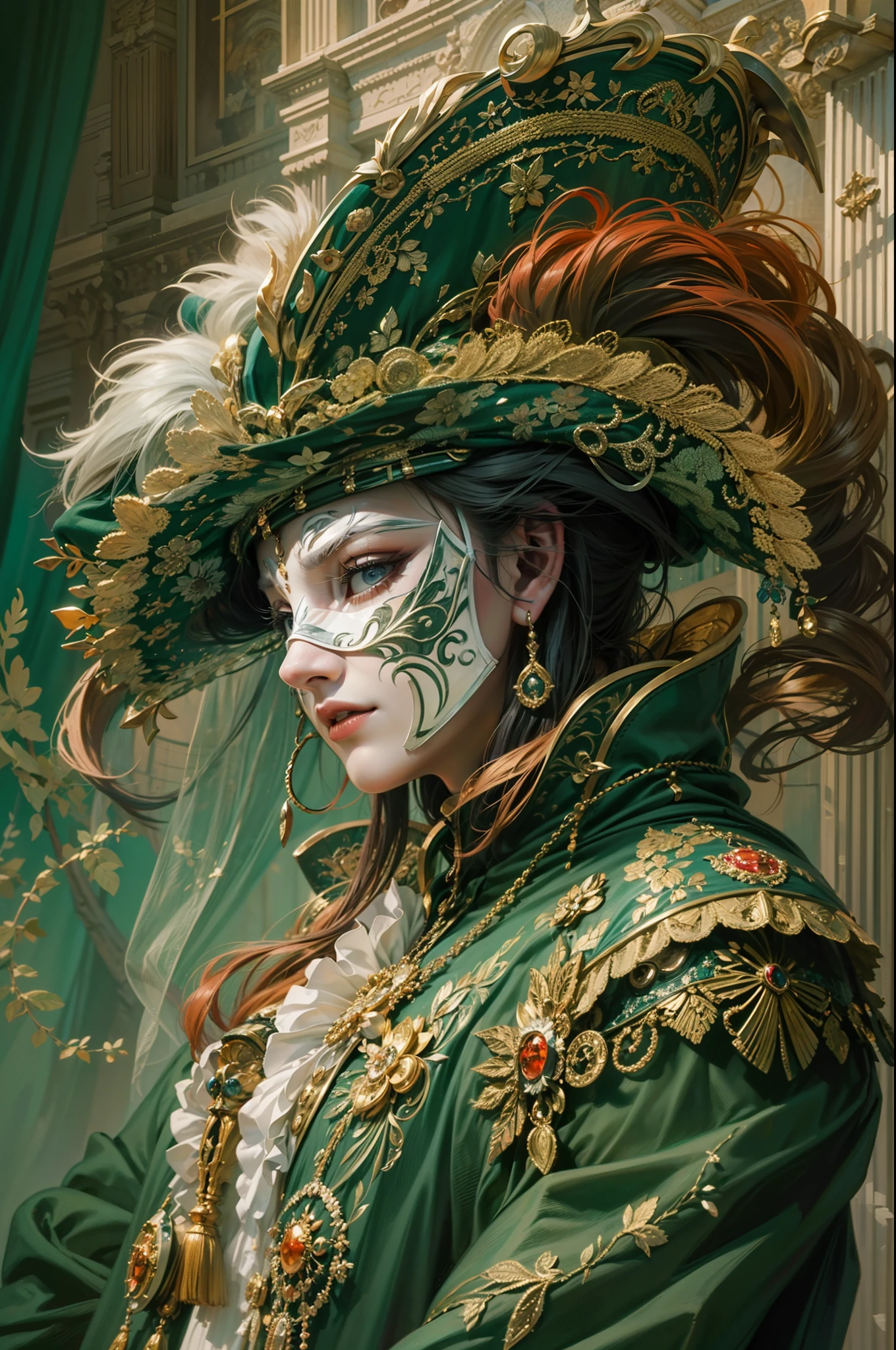 (Masterpiece, Hyperdetailed, Colorful), Generate an intriguing and historically rich image featuring a character wearing the iconic bauta mask from the Venetian Carnival. This traditional mask covers the entire face, featuring a white base and a prominent pointed nose, concealing the wearer's identity. The character is elegantly dressed in a black cape that billows in the breeze, and they sport a distinctive tricorn hat. The scene captures the timeless allure of Venetian masquerade, where secrets and mystique abound