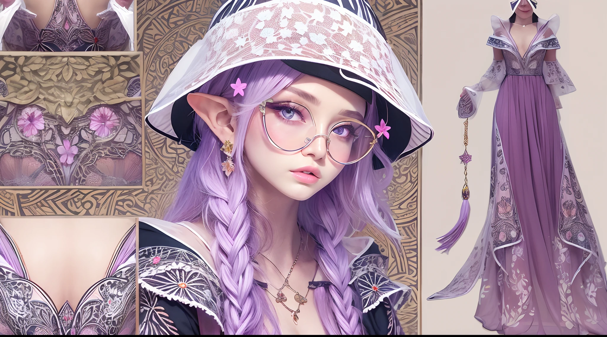 Transparent purple floral pattern maxi dress,Soft natural light,cinematric light,Sideslit,neon light detail,Realistic shadows,elvish ears,Light wind,bucket-hat,Ribbons,Temptation is on the move,Star pupil crystal pendant detail