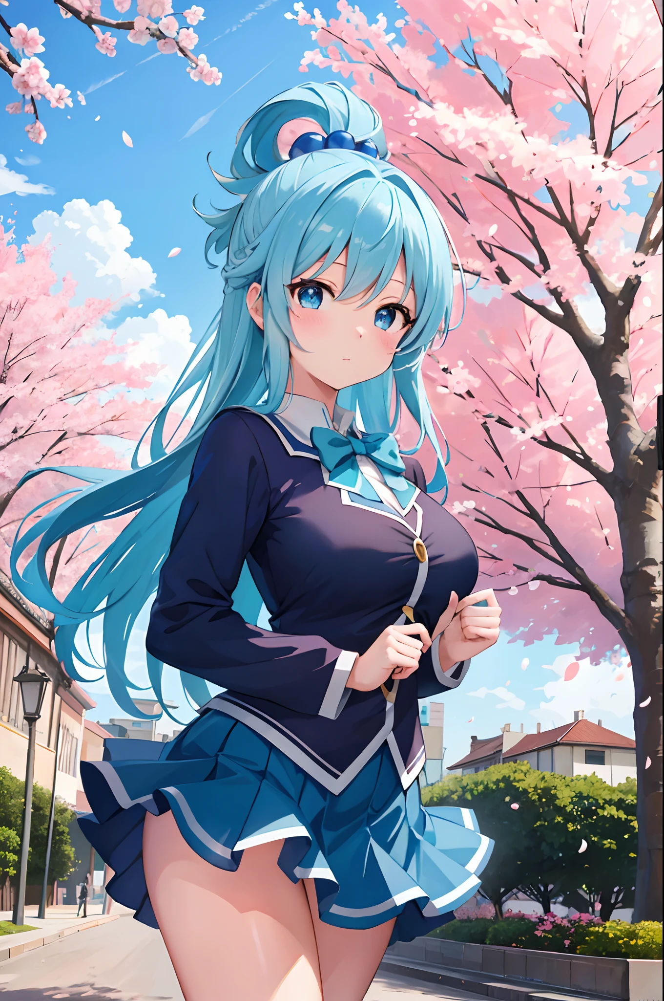 masterpiece, best quality, high resolution, extremely detailed, detailed background, cinematic lighting, 1girl_aqua_konosuba, beautiful, medium breasts, school uniform, skirt, public indecency, looking at the viewer, blue eyes, long blue hair, buildings, outdoors, cherry blossoms, bokeh.