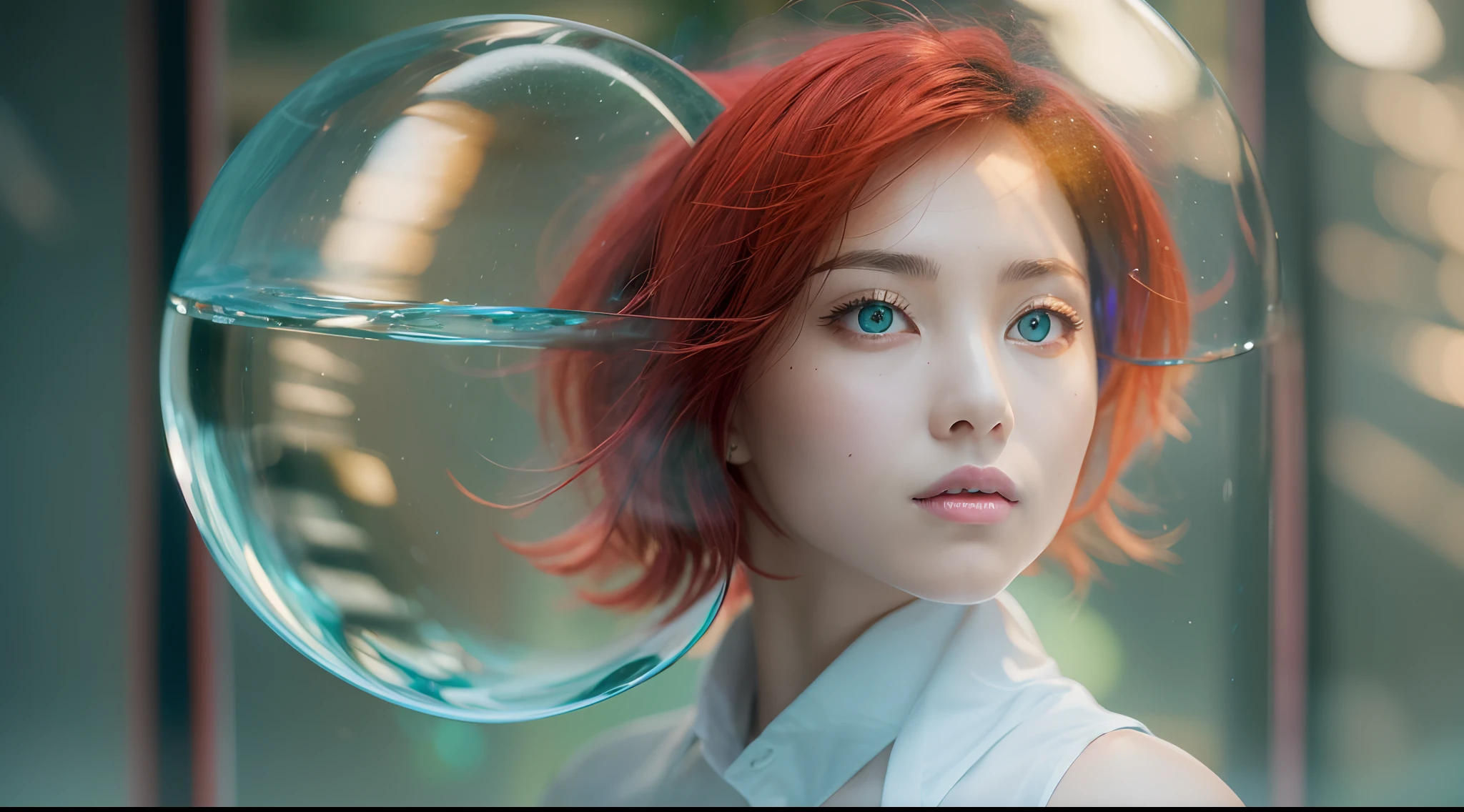 Light blue sleeveless unbuttoned shirt，tiese，The inside of the red hair is dyed green，Heterochromic pupils in women，Glass complete sphere filled with water，Refractive light effect，Tai Chi principle，Interaction of contrasting forces