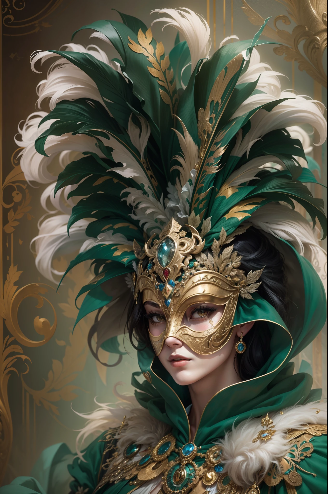 (Masterpiece, Hyperdetailed, Colorful), Generate an intriguing and historically rich image featuring a character wearing the iconic bauta mask from the Venetian Carnival. This traditional mask covers the entire face, featuring a white base and a prominent pointed nose, concealing the wearer's identity. The character is elegantly dressed in a black cape that billows in the breeze, and they sport a distinctive tricorn hat. The scene captures the timeless allure of Venetian masquerade, where secrets and mystique abound