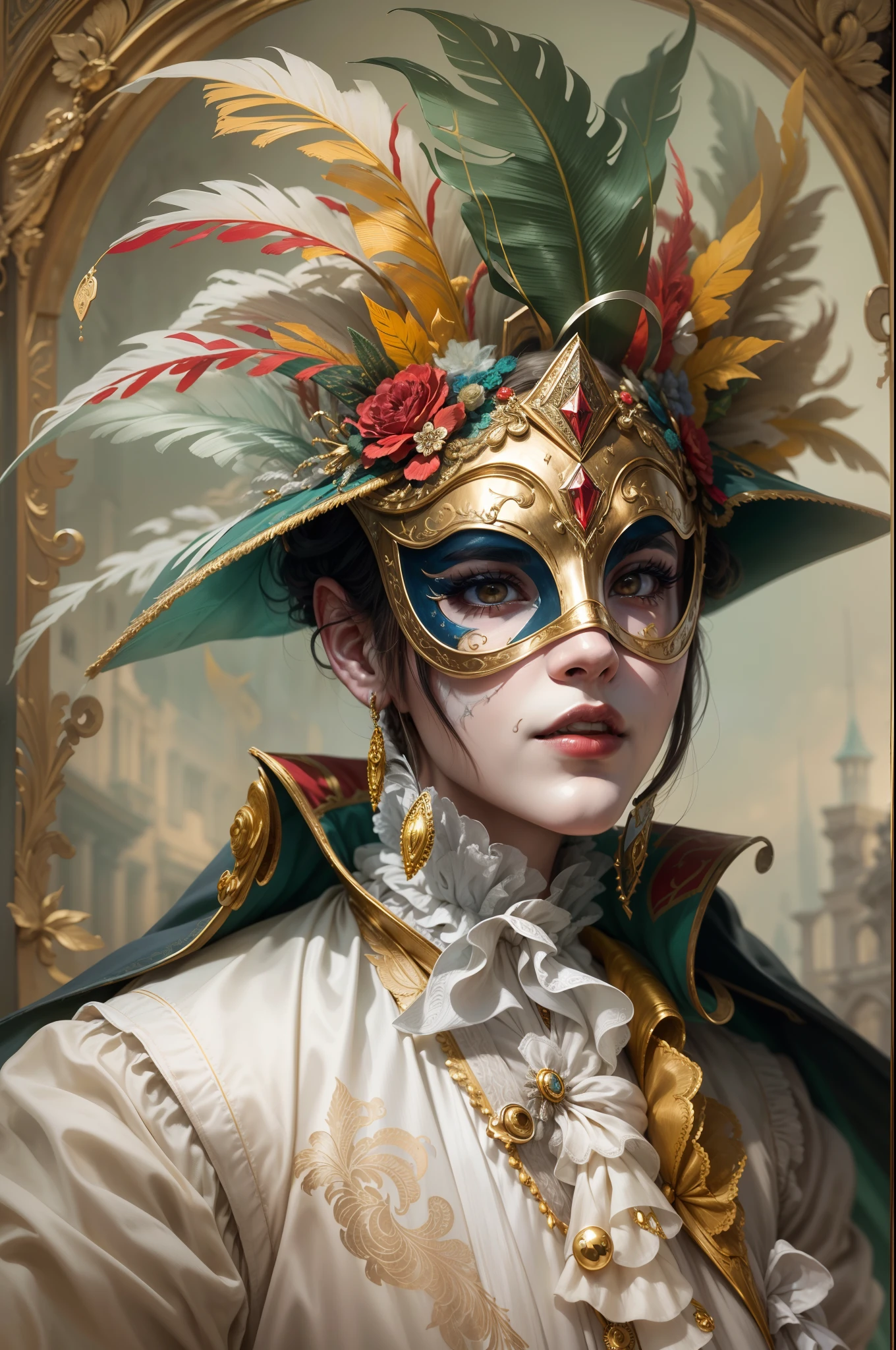 (Masterpiece, Hyperdetailed, Colorful), Generate an intriguing and historically rich image featuring a character wearing the iconic bauta mask from the Venetian Carnival. This traditional mask covers the entire face, featuring a white base and a prominent pointed nose, concealing the wearer's identity. The character is elegantly dressed in a black cape that billows in the breeze, and they sport a distinctive tricorn hat. The scene captures the timeless allure of Venetian masquerade, where secrets and mystique abound