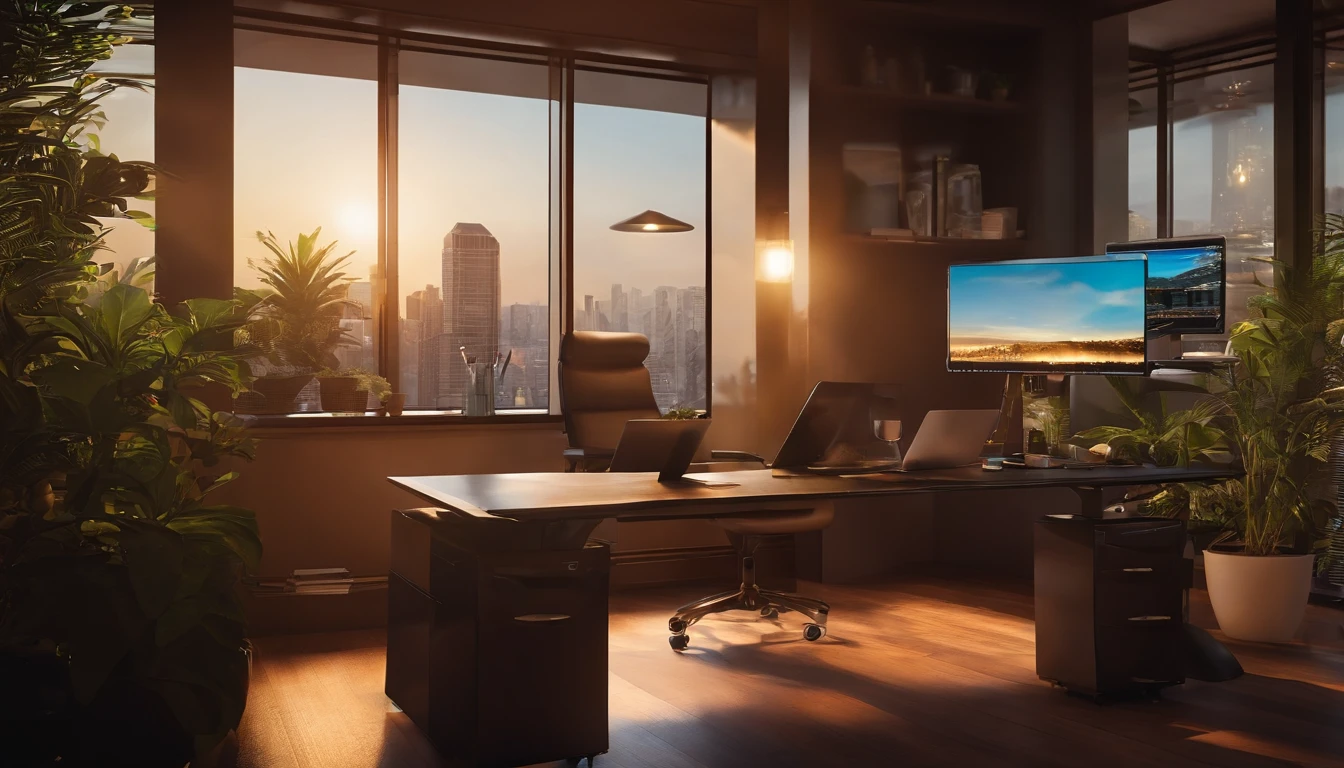 Variable income trading desk with computer and accessories, Morning light, janelas, vista para cidade