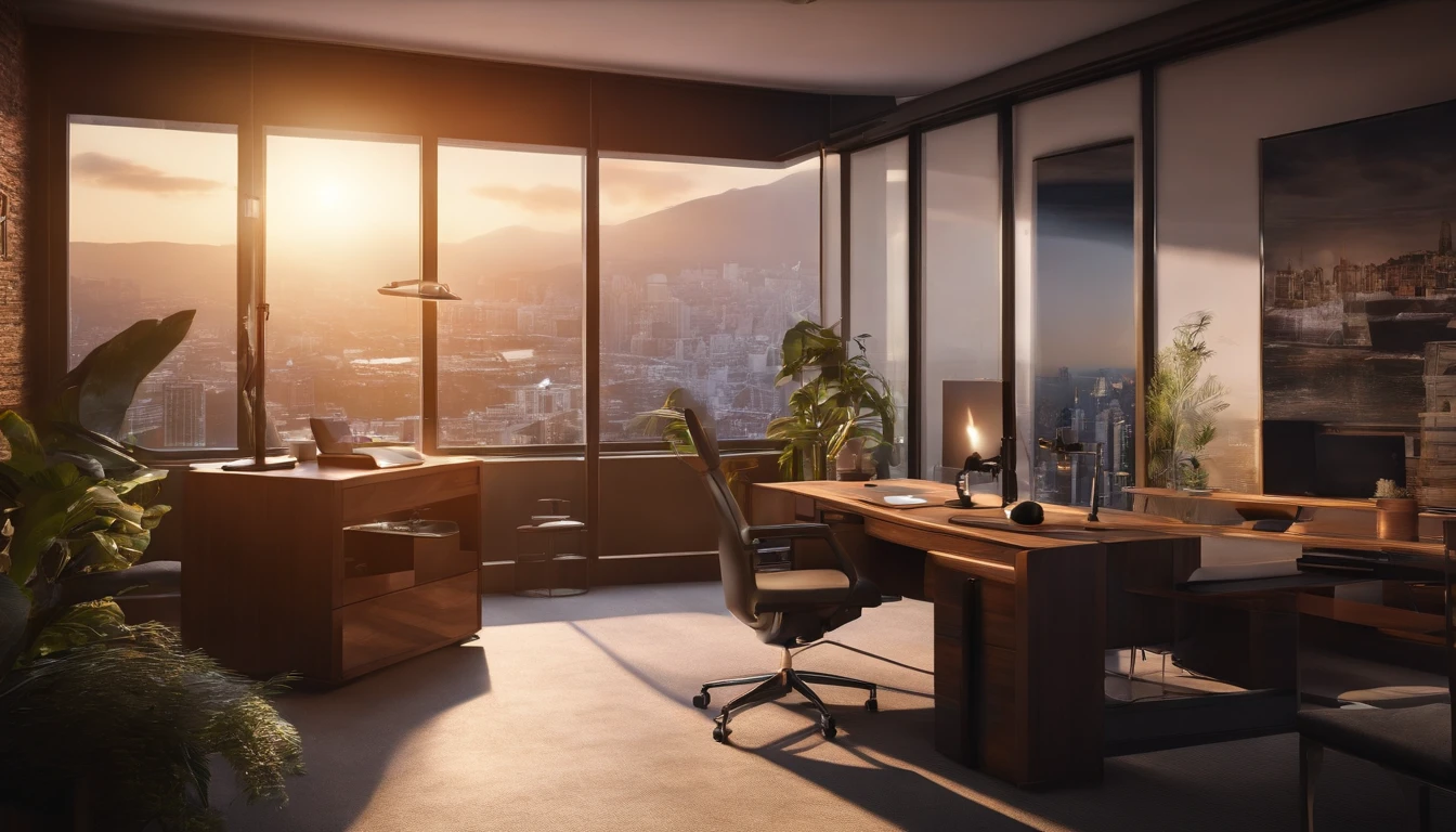 Variable income trading desk with computer and accessories, Morning light, janelas, vista para cidade