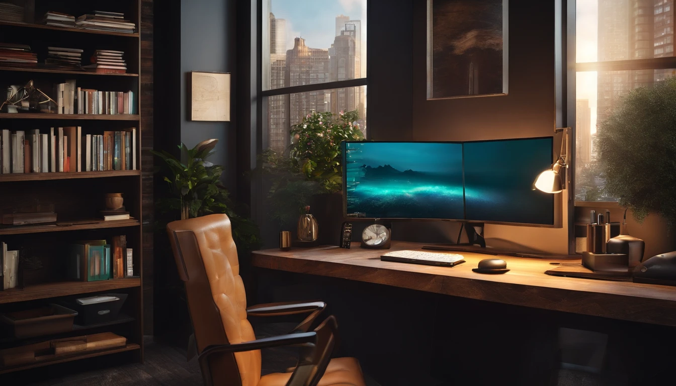 Variable income trading desk with computer and accessories, Morning light, janelas, vista para cidade