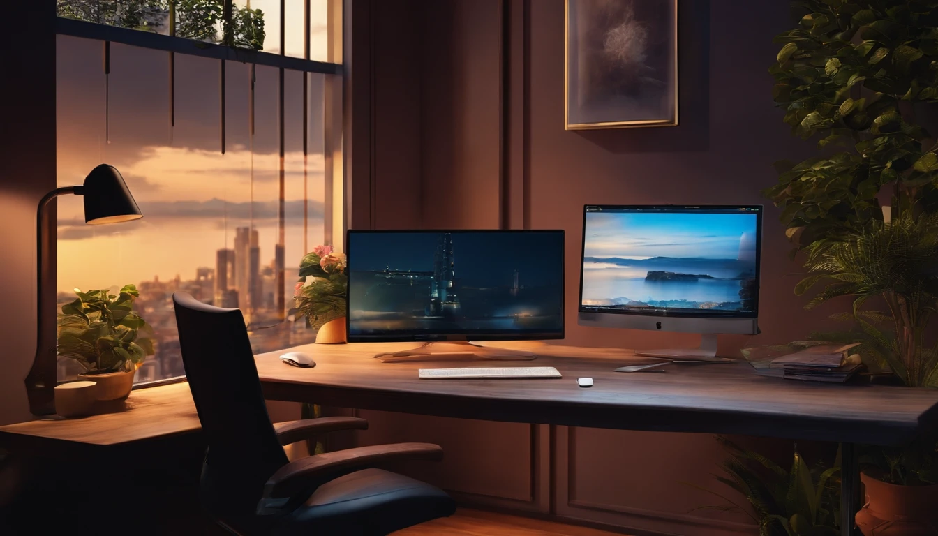 Variable income trading desk with computer and accessories, Morning light, janelas, vista para cidade