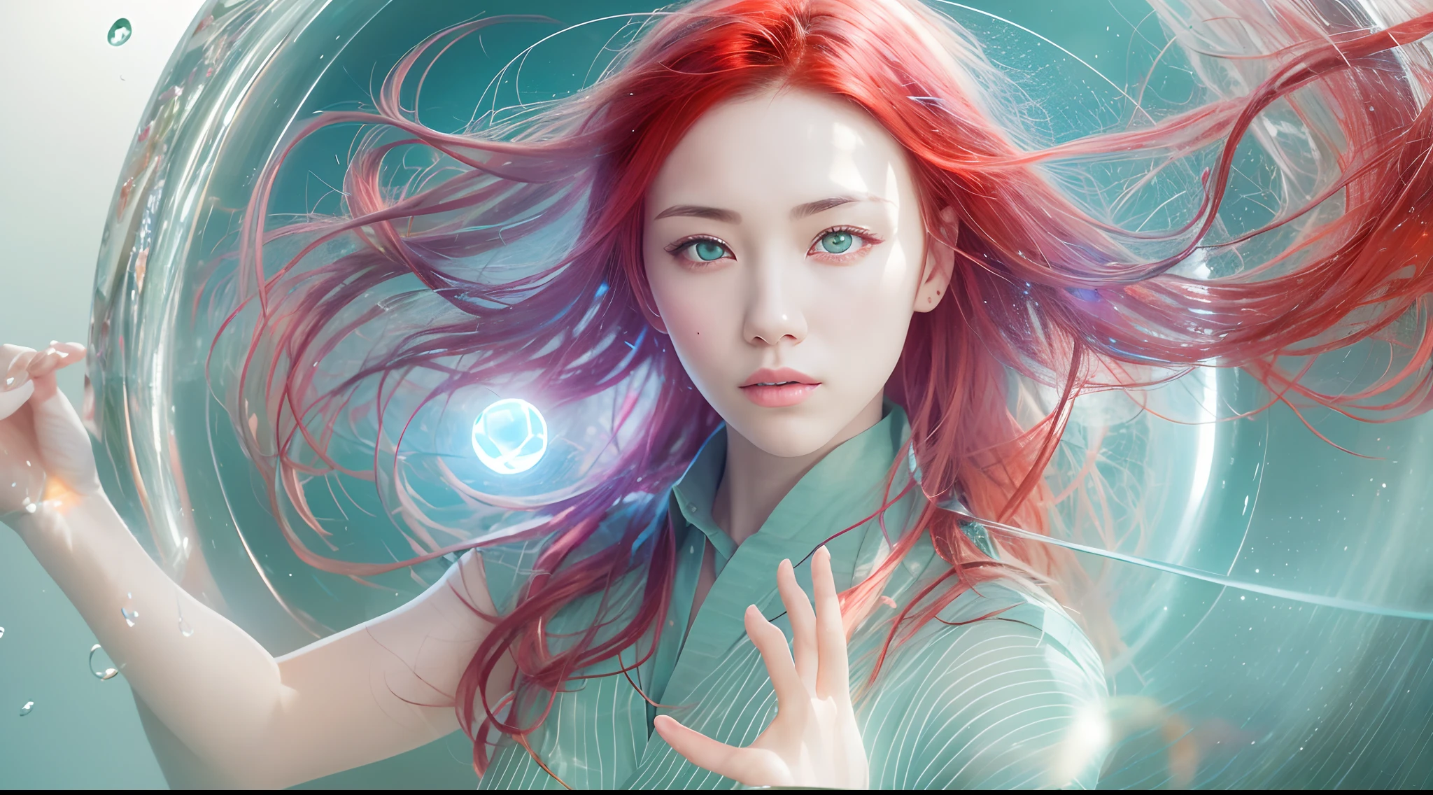 Light blue sleeveless unbuttoned shirt，tiese，The inside of the red hair is dyed green，Heterochromic pupils in women，Glass complete sphere filled with water，Refractive light effect，Tai Chi principle，Interaction of contrasting forces