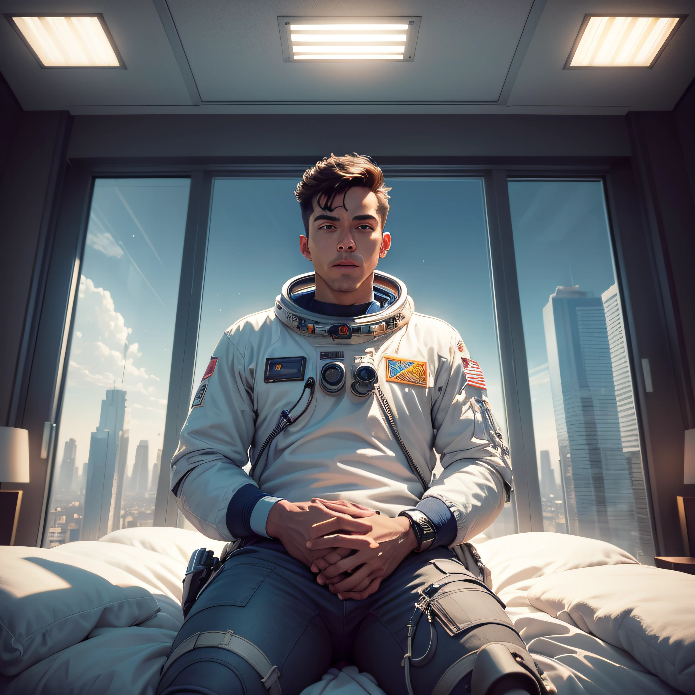 Young astronaut man wakes up in a huge bed in a giant room of a skyscraper. description: The room is spacious, add a large large window in a panoramic view to the scene from outside the room , com uma cama grande no centro. Large, tall windows offer an impressive view of a sunny metropolis. Add a blue sky with clouds in the sky, Add panoramic view to the entire scene, Adicionar tinta foscainspirada em Syd Mead, Adicione hiper-realismo no corpo masculino astronauta, Set well with details fingers and hands, pernas e rosto, roupa do astronauta masculino bem definido