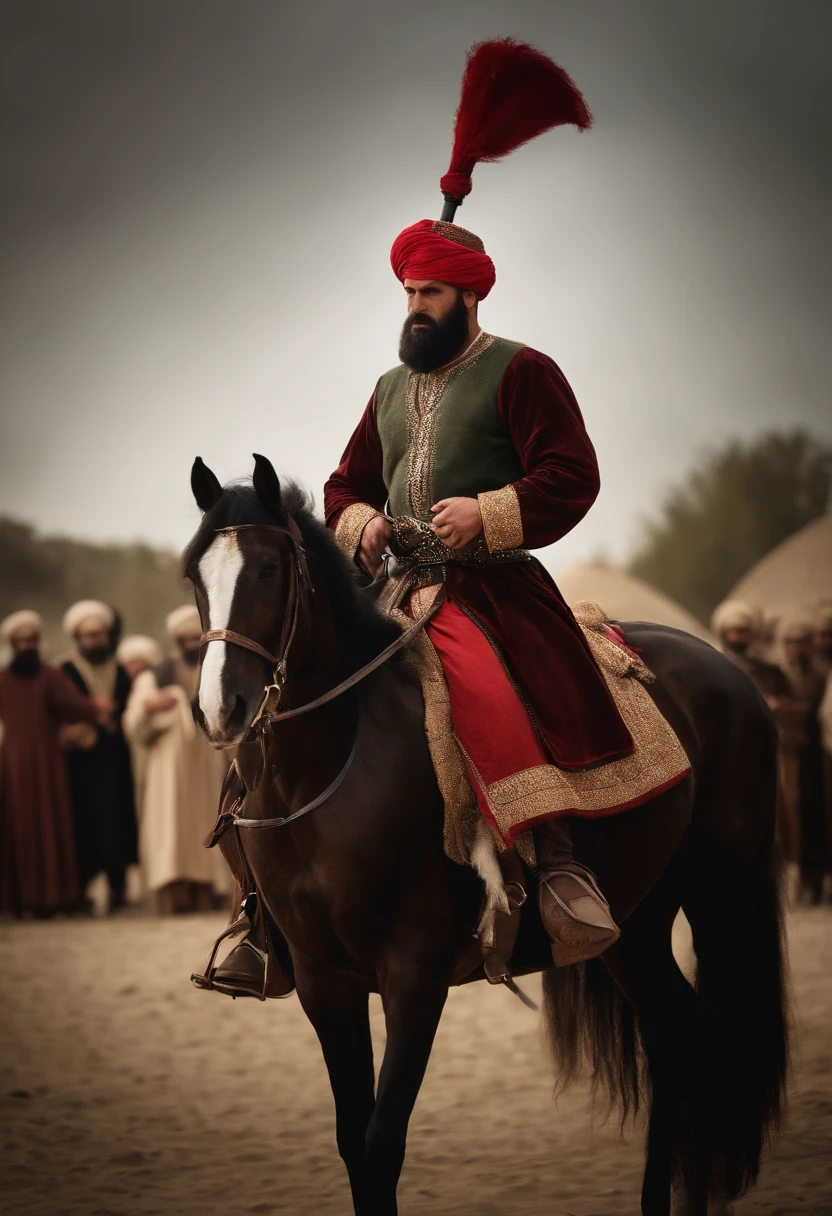 an ottoman pasha has a big turban on his head very realistic on his horse like a real photo there is an ottoman sword in his hand angry looking eyes an imposing stance very realistic wearing a thick ottoman robe on a very realistic photo very realistic like a scene from a movie