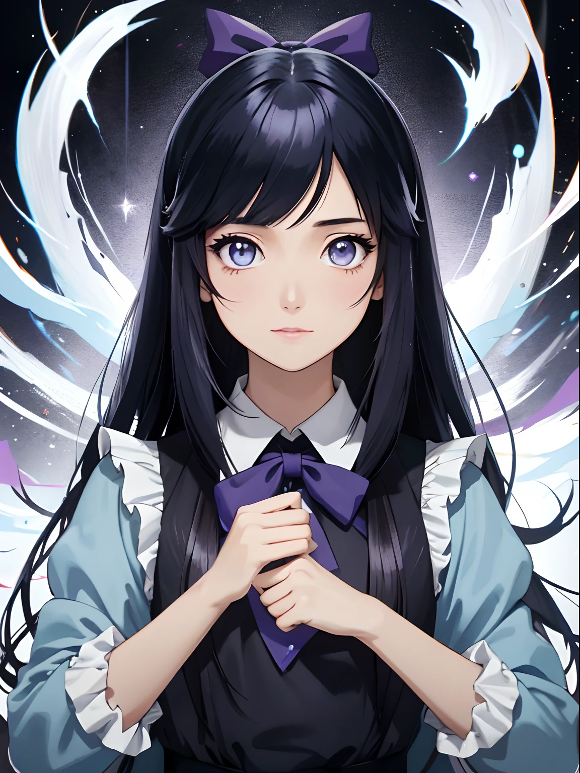 a painting of a girl with long dark blue hair and a blue bow, Kawacy, like alice in wonderland, Alice X. Zhang, portrait of alice in wonderland, Guweiz, bela arte de anime, Alice de Alice na Terra das Maravilhas, Arte no estilo de Guweiz, menina anime loira com cabelo longo, retrato bonito do anime, alice in wonderland style, obra-prima, melhor qualidade, (papel de parede CG unity 8k extremamente detalhado), (melhor qualidade), (best illustration), (melhor sombra), Absurdo, arte epica, Poses gloriosas, lindo brilho detalhado, brilho luminoso de fundo, detalhes insano,Bangs, purple eyes