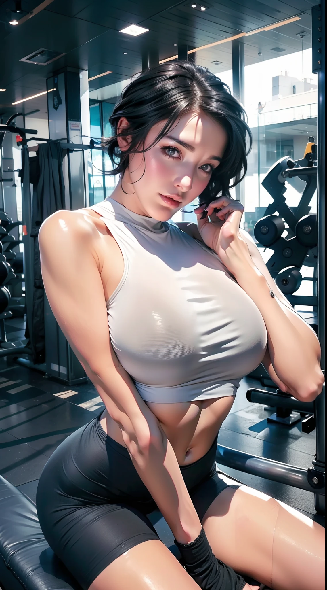 (gigantic breast:1),(masterpiece, best quality),((high resolution 4k)), 1lady, solo, black short hair, loose waves,sitting down pose,front view,in the gym,sport wears,front view,close camera