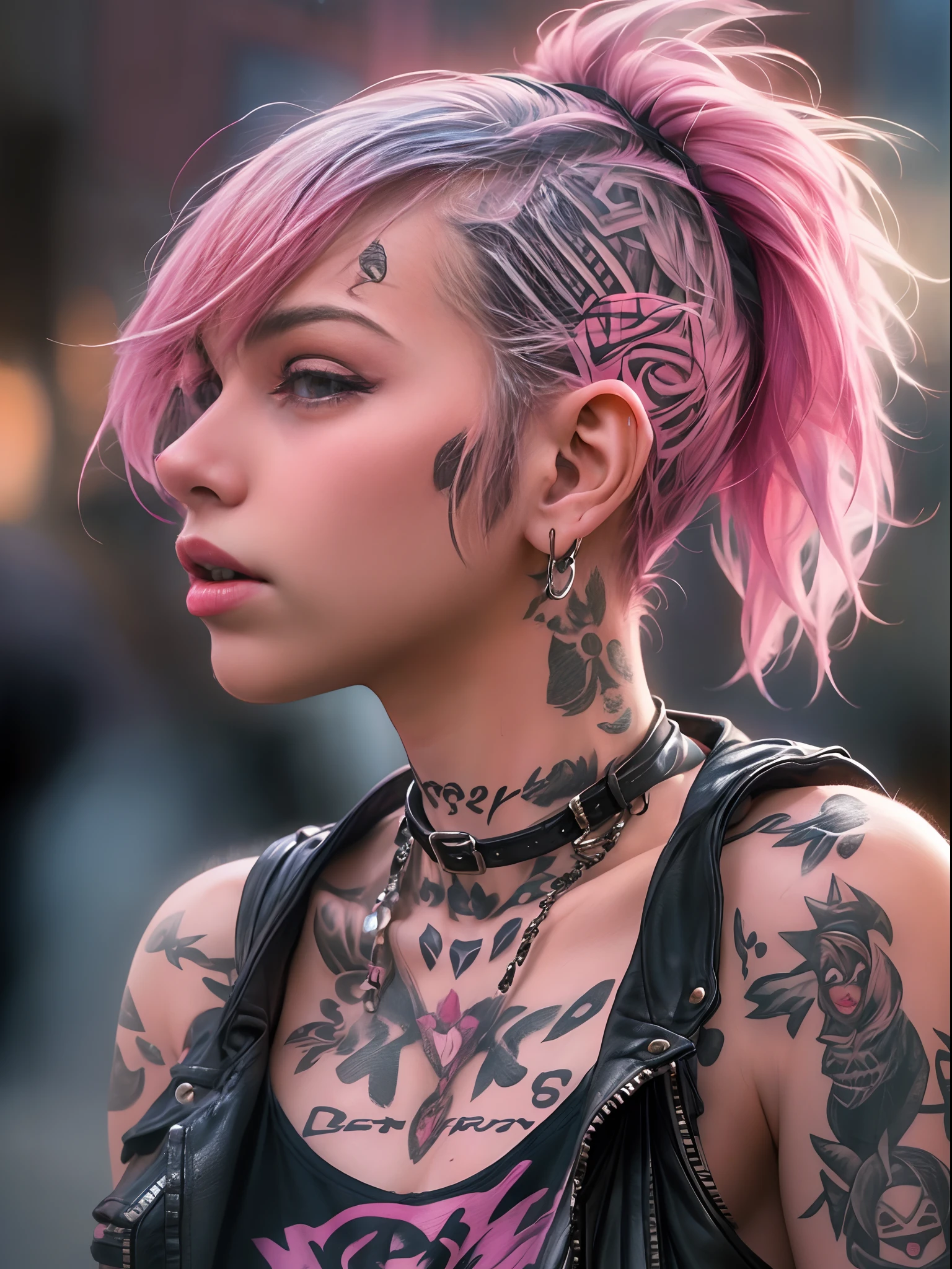Cute 18 year old punk girl,、(top-quality、in 8K、32K、masterpiece、((NSFW)))、(Photorealsitic:1.4),Fancy makeup, shapeless punk hair,punk fashion、A pink-haired,、Tattoos on the body,、Downtown District Background、Backlight effect、depth of fields,blurry backround,