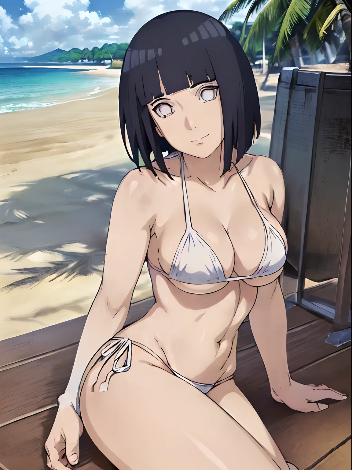 (WALLPAPER, (hinata\(boruto\), (((white string bikini))), masterpiece, 4k, vector coloring, whole body shot, (high color saturation), contrast lighting, mature female, (curvy:0.8), solo, anime style, sharp focus, professional artwork, intricate details, colorful, vibrant colors, vivid colors, digital blending, ultra detailed body, ultra detail hair, ultra detail face, trending on pixiv, very hot colors, (((beach background, outdoors))), detailed bold arm lines, high color saturation, bold lines, bold drawing lines),
(((sitting, folded legs)), (head tilt), closed mouth, kind smile, gentle look),
((dark blue hair color:1.1), wavy hair, ((short hair, hime cut)),
(perfect eyes, white sciera, bright eyes, white eyes, anime eyes, smoky eyeliner, eyeshadow)
(white skin, (fair skin), slender body, milf, perfect face),
(legs, big breasts, off-shoulders, (detailed shoulders, detailed arm lines, little biceps lines)),
(bare shoulders, bare legs, (hand on groin)),
