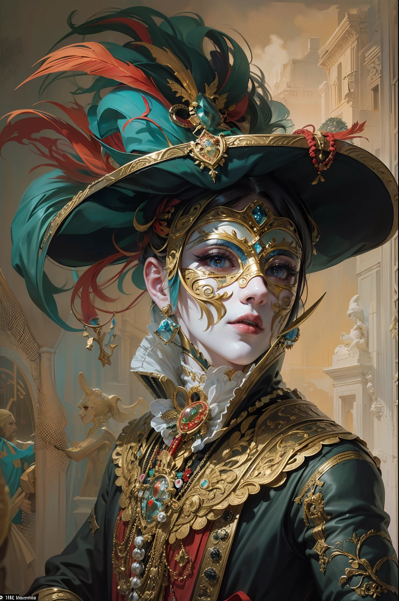 (Masterpiece, Hyperdetailed, Colorful), Generate an intriguing and historically rich image featuring a character wearing the iconic bauta mask from the Venetian Carnival. This traditional mask covers the entire face, featuring a white base and a prominent pointed nose, concealing the wearer's identity. The character is elegantly dressed in a black cape that billows in the breeze, and they sport a distinctive tricorn hat. The scene captures the timeless allure of Venetian masquerade, where secrets and mystique abound