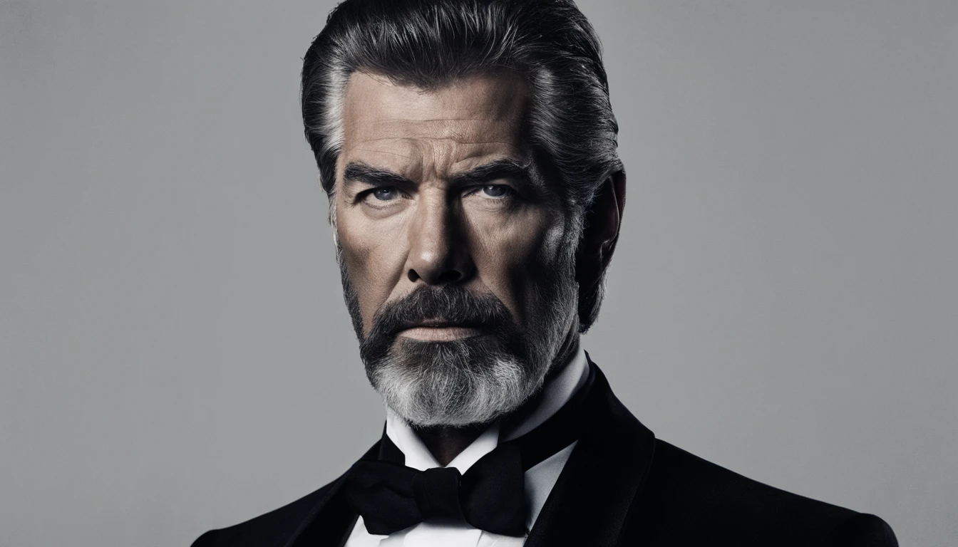 imagem de um homem com barba e terno em cima de uma pilha de ossos, Pierce Brosnan como James Bond, Pierce Brosnan, rosto nitido e detalhado, bonito, homem bonito, homem de cabelos grisalhos escuros, inspired by Józef Brandt, ele tem barba e cabelos grisalhos, serious look, homem atraente, Retrato tirado 8 K, Homem de 5 0 anos, inspirado em George Lucas