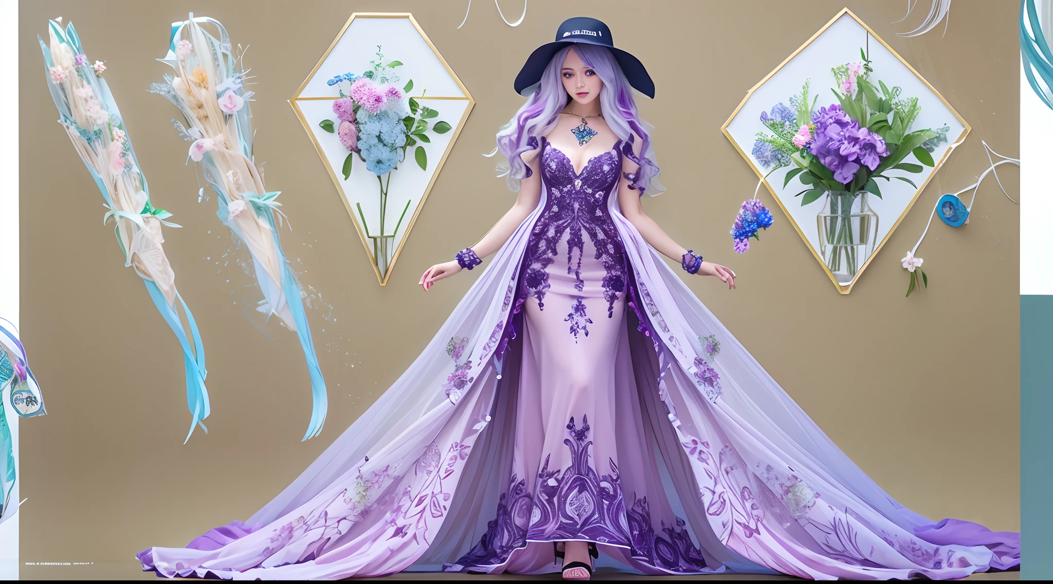 Transparent purple floral pattern maxi dress,Soft natural light,cinematric light,Sideslit,neon light detail,Realistic shadows,elvish ears,Light wind,bucket-hat,Ribbons,Temptation is on the move,Star pupil crystal pendant detail