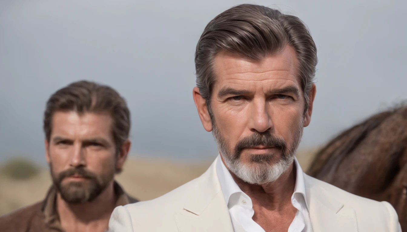 imagem de um homem com barba e terno em cima de uma pilha de ossos,  Pierce Brosnan como James Bond, Pierce Brosnan, rosto nitido e detalhado, bonito, homem bonito, homem de cabelos grisalhos escuros, inspired by Józef Brandt, ele tem barba e cabelos grisalhos, serious look, homem atraente, Retrato tirado 8 K, Homem de 5 0 anos, inspirado em George Lucas