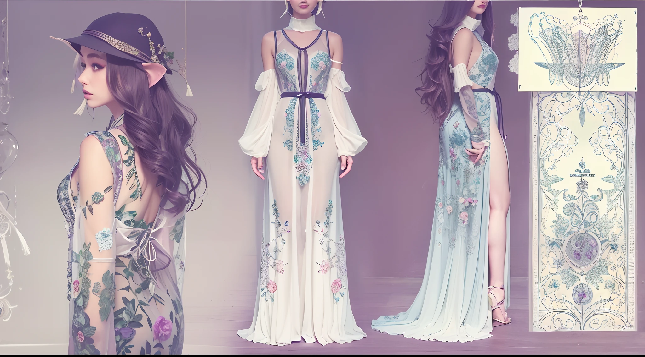 Transparent purple floral pattern maxi dress,Soft natural light,cinematric light,Sideslit,neon light detail,Realistic shadows,elvish ears,Light wind,bucket-hat,Ribbons,Temptation is on the move,Star pupil crystal pendant detail
