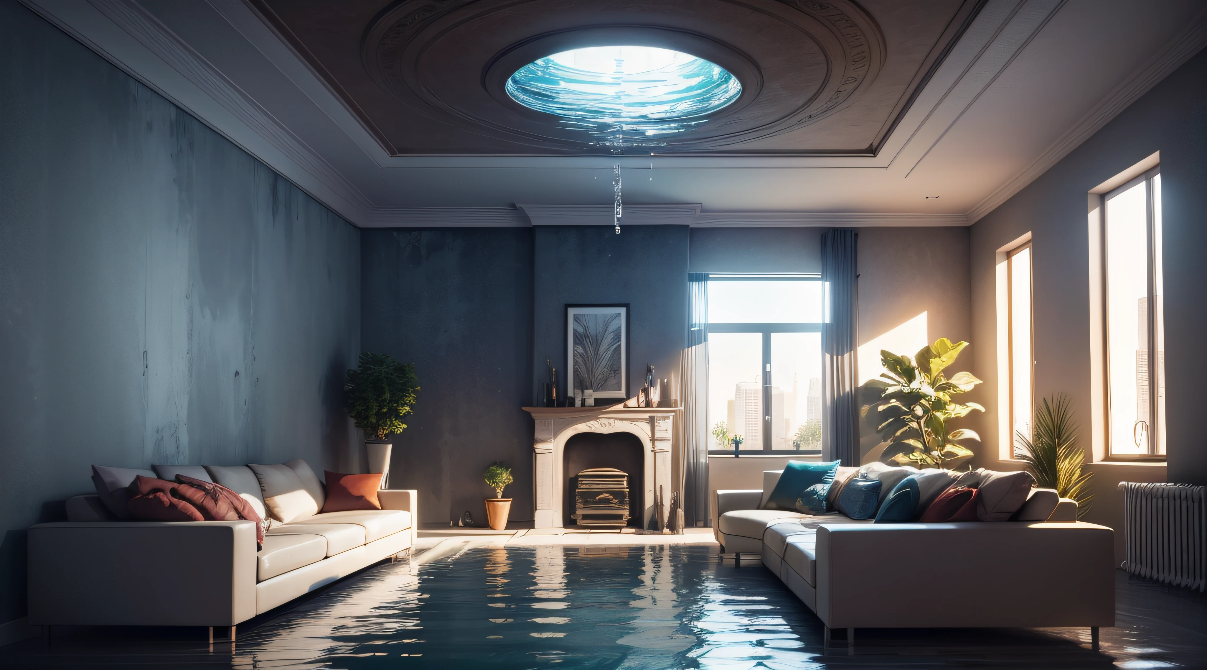 living room , Water flows from the ceiling and walls , Water on Earth
