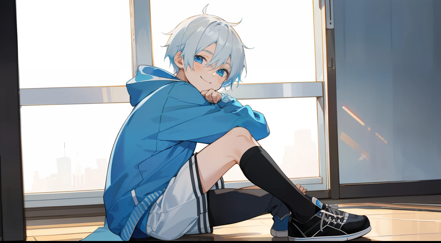 (morning), 1boy, solo, looking at the viewer, winter, (center), smile, white hair, blue eyes