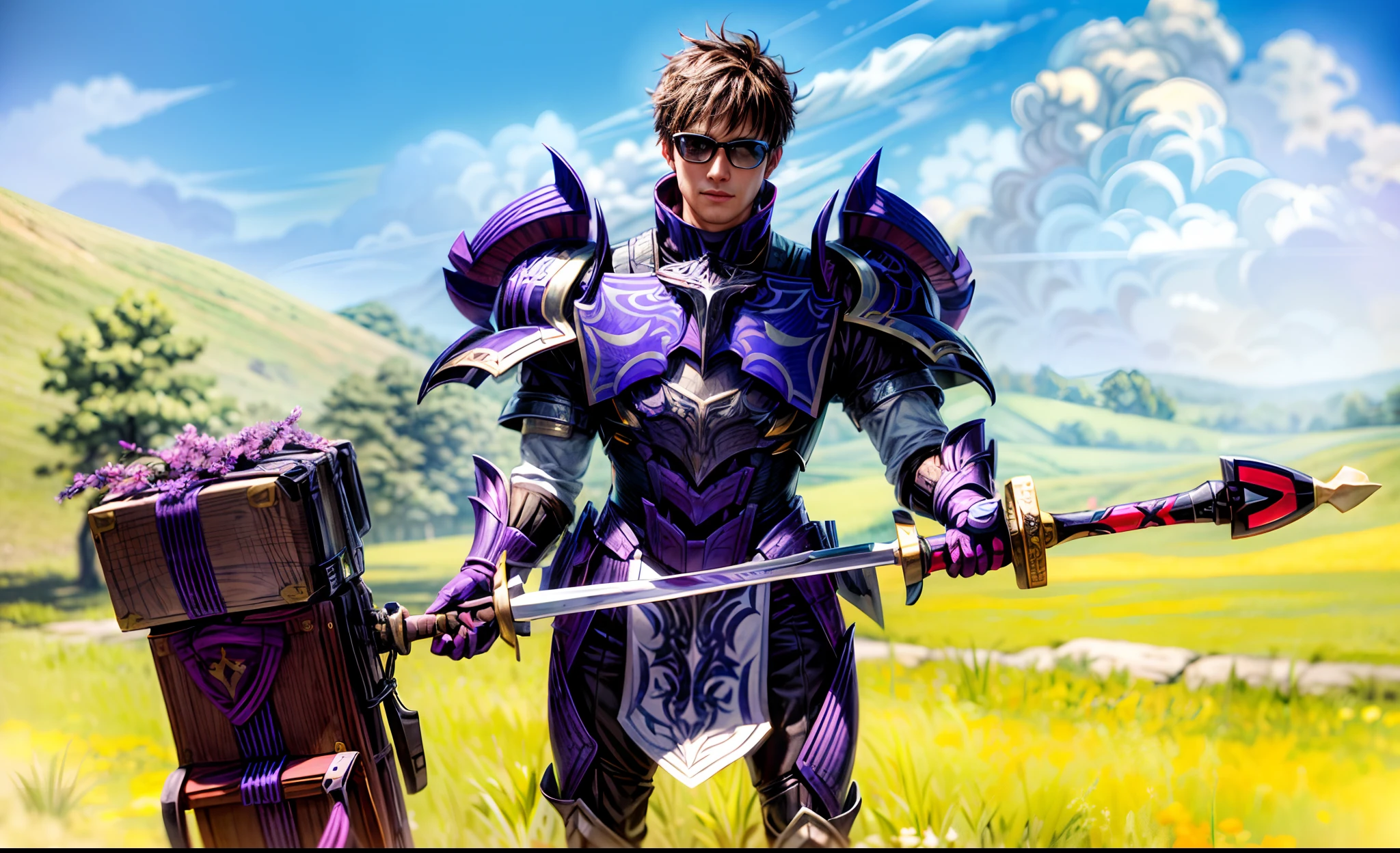 Close-up of a man in a field with a war hammer, genshin impact character, zhongli from genshin impact, Purple armor, Smooth purple armor, Epic Paladin Armor, in dark purple armor, clothed in ethereal battle armor, Paladin Armor, draconic looking armor, Wearing Thunder Armor, (Top Quality, Alessandro Casagrande, by Greg Rutkowsky, Sally Mann, ConceptArt, 4k), (analogue: 1,2), (High Sharp), (Pupil detailing: 1,1), (painting: 1,1), (digitalpainting: 1,1 ), Detailed face and eyes, tmasterpiece, beste-Qualit, (high detailed photo: 1.1), 8K, photo-realistic, (ecstatic: 1.1)