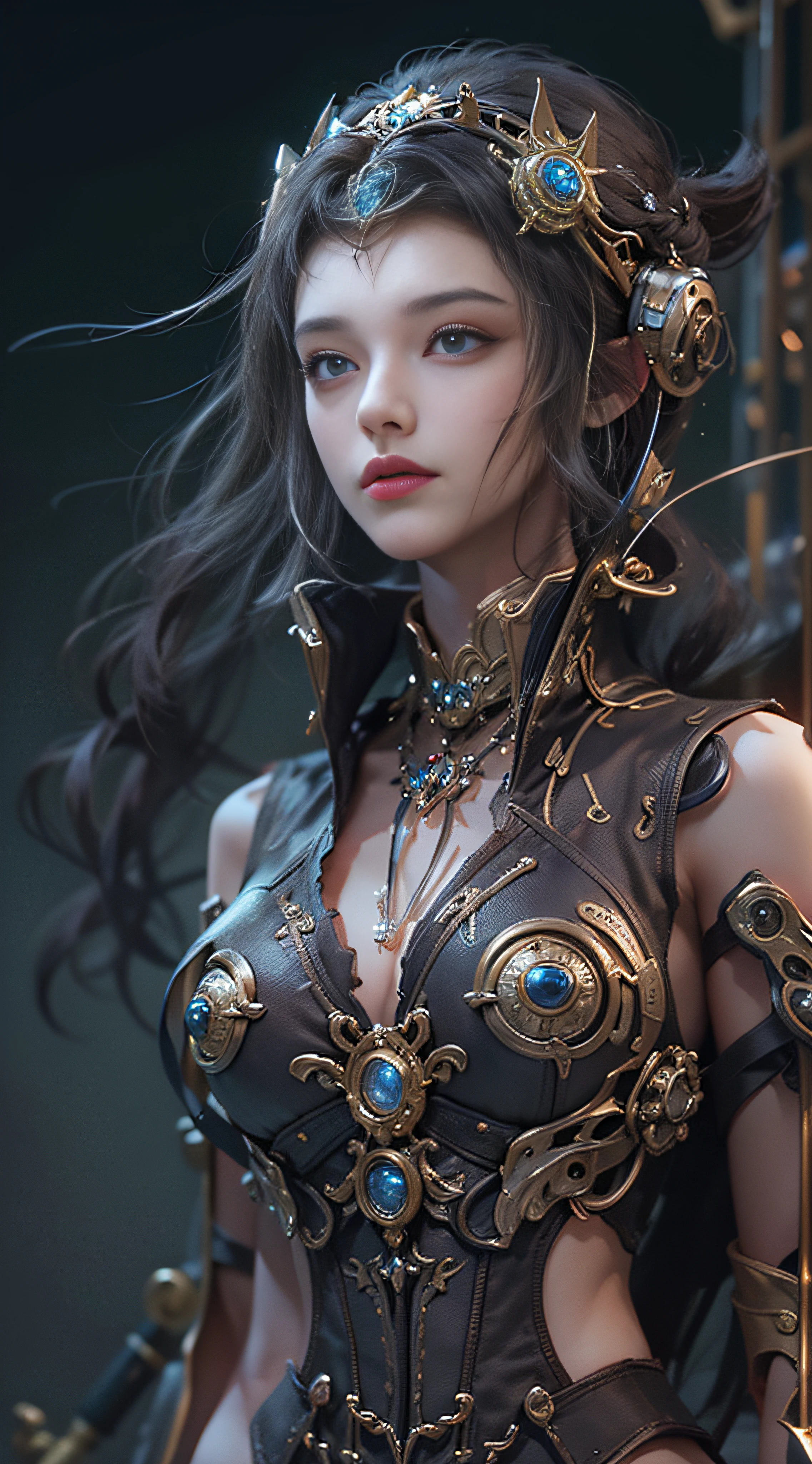 Top Quality, Masterpiece, Ultra High Resolution, (Photorealistic: 1.4), Raw Photo, 1 Girl, Black Hair, Glossy Skin, 1 Mechanical Girl, (Ultra Realistic Details)), Portrait, Global Illumination, Shadows, Octane Rendering, 8K, Ultra Sharp, Big, Cleavage Exposed Raw Skin, Metal, Detail of Intricate Ornaments, Steampunk details, Matsumoto meter, meter, vacuum tube, nixie suga, oil pressure gauge, glass tube, analog meter, gears, golden hydraulic cylinder, very intricate detail, realistic light, CGSoation trend, purple eyes, glowing eyes, facing the camera, neon details, mechanical limbs, blood vessels connected to tubes, mechanical vertebrae attached to the back, mechanical cervical attachment to the neck, sitting, wires and cables connecting to the head, Evangelion, small LED lamps,