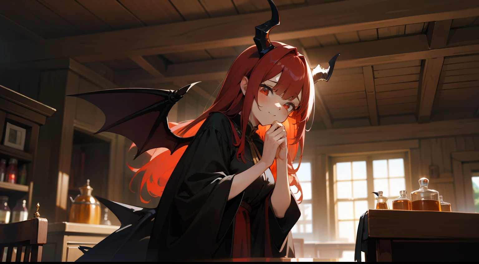 one-girl,black-clad,Red-haired demon,There is a pair of dragon wings on the back,Western fantasy,Fairytales,There is a pair of dragon horns on the head,Hands on cheeks,Propped your elbows on the table,Look at a dwarf,Standing at the table in the wooden house,There are a lot of honey jars on the table,Works of masters,A high resolution,Exquisite facial features