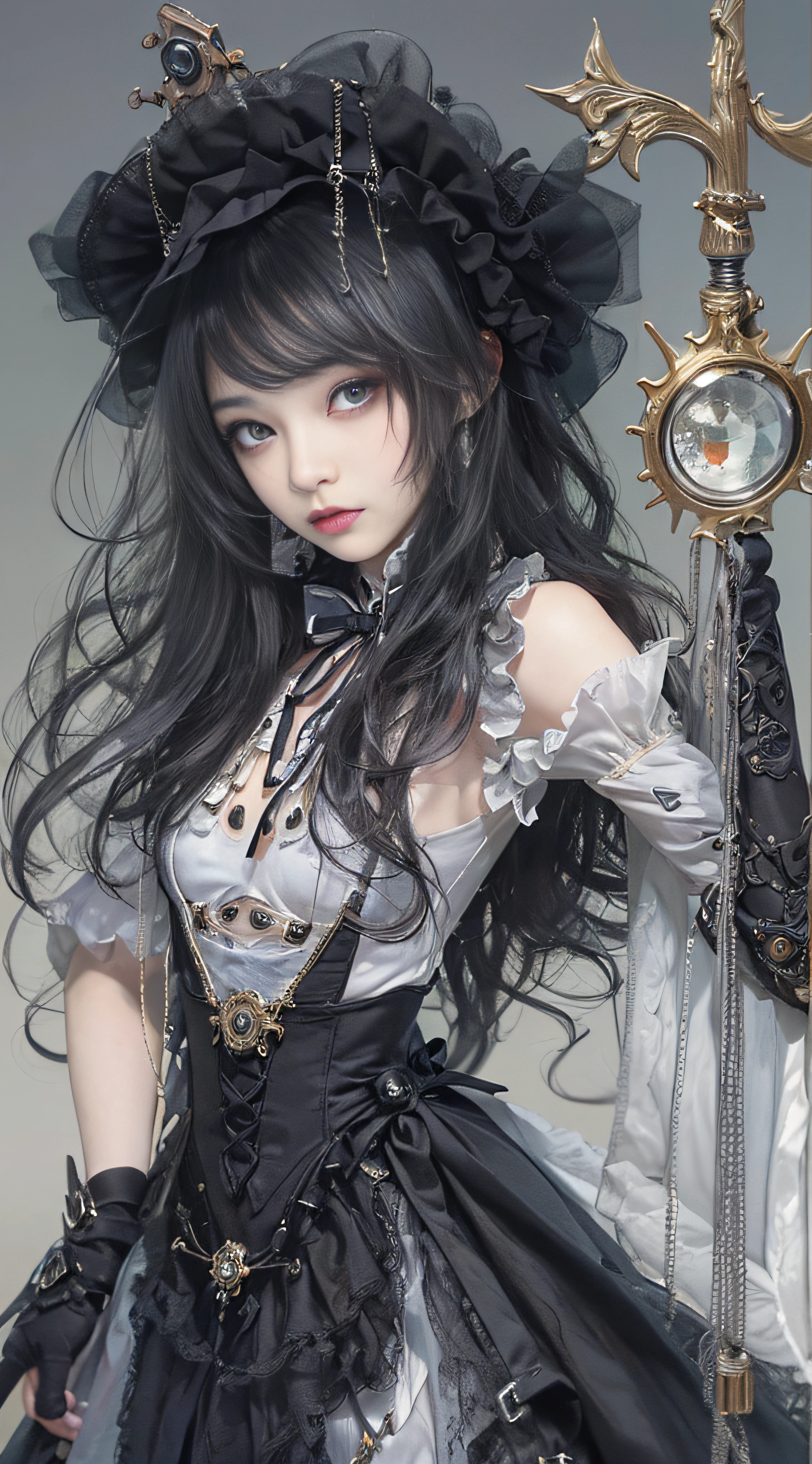 (((Masterpiece, top quality, ultra-detailed))), (((1 Infinity Mage Girl))), 14 years old, (((very detailed face))), small thin nose, small thin-lipped mouth, (((very sharp focused eyes))), very large slit precision pale grey eyes, sparkling like jewels. Very long eyelashes, long black hair in black vertical curls, with fringes, ((Steampunk fashion, Gothic Lolita fashion))