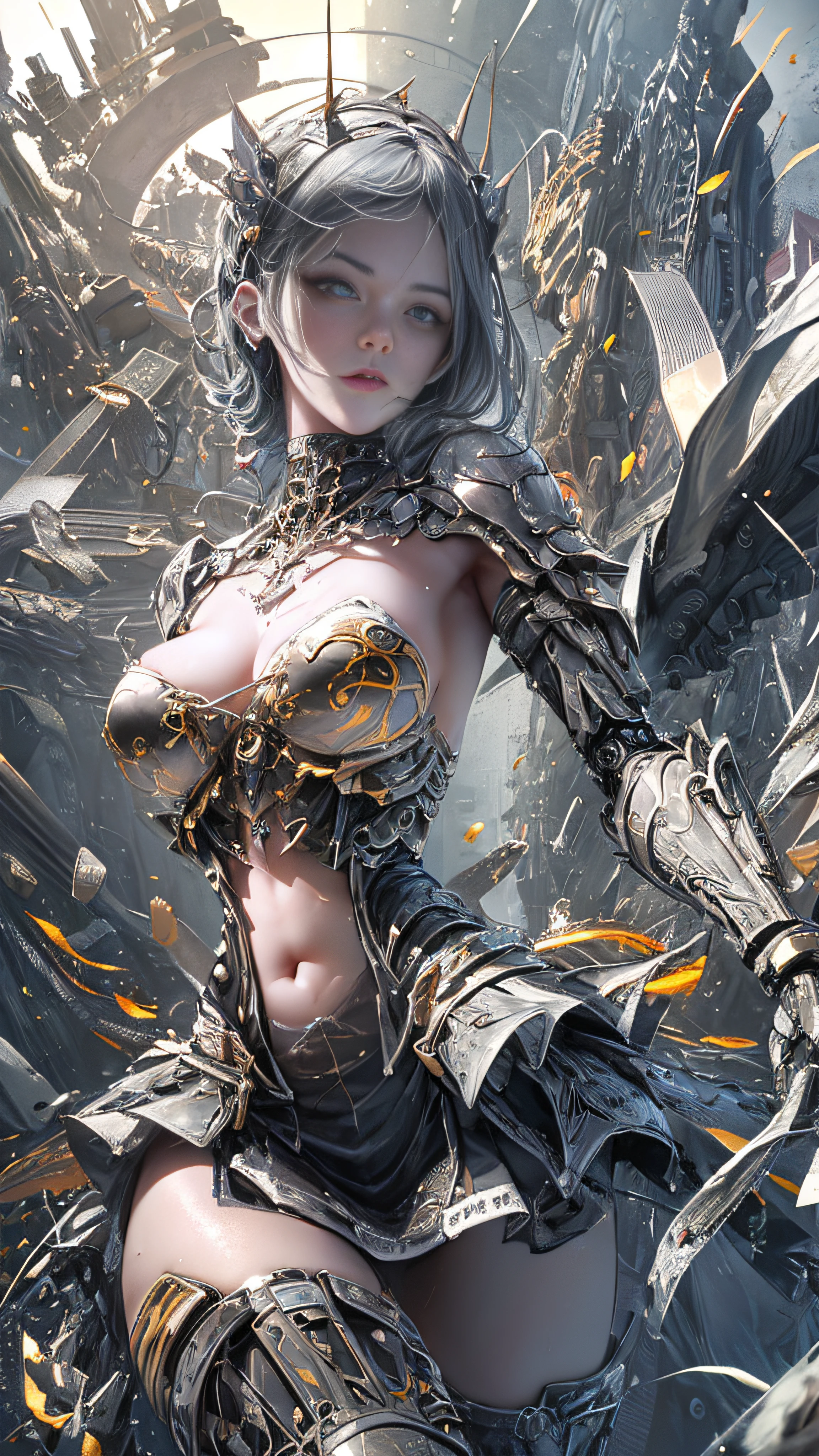 (((Masterpiece, top quality, super detailed))), ((Ultra-Photorealistic 3D)), Complex mechanical cyborg girl, Skeleton body, Dynamic combat action poses, Off-the-shoulder fashion fused with detailed and intricate steampunk and detailed gothic ta, Complex steampunk headgear, very thin long legs, Complex mechanical boots above the knee, Fluttering Lace Flared Mini Skirt, beautiful small breasts directed upwards, rather long vertical cur, (((( highly detailed face))), small thin nose, small thin lip mouth, (((very sharp focused eyes))), very large slit precision pale gray eyes that shine like jewels. Very long eyelashes, ly silver hair moved by the wind, Emitting a dazzling light in a mandala pattern, Lots of neon lights cross and splash, Extremely complex giant mechanical weapons, Complex mechanical factory bursting into flames, Very dark night background, Very dramatic and cinematic lighting, (((a dramatic leap in overall precision, creating a super detailed and realistic image))), HDR (High Dynamic Range), Ray Tracing, NVIDIA RTX, Super Resolution, Unreal 5, Subsurface Scattering, PBR Texturing, Post-Processing, Anisotropic Filtering, Depth of Field, Maximum Clarity and Sharpness, Multilayer Textures, Albedo and Specular Maps, Surface Shading, Accurate Simulation Light Material Interaction, Perfect Proportions, Octane Rendering, Two-Tone Lighting, Wide Aperture, Low ISO, White Balance, Rule of Thirds, 16K RAW,