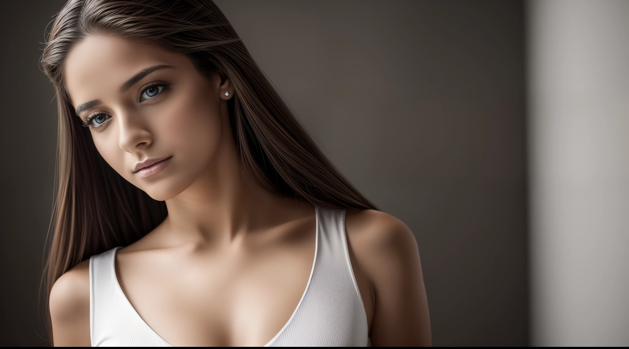 there is a woman with long hair and a white shirt, olhos penetrantes, imagem frontal, she's facing the camera, Retrato tirado 8 K, 1 8 I Melhor qualidade, obra-prima, Ultra alto nada, (fotorrealista: 1.4), foto crua, cabelo escuro, lighting dramatic, corpo inteiro, cadela, Seios enormes,