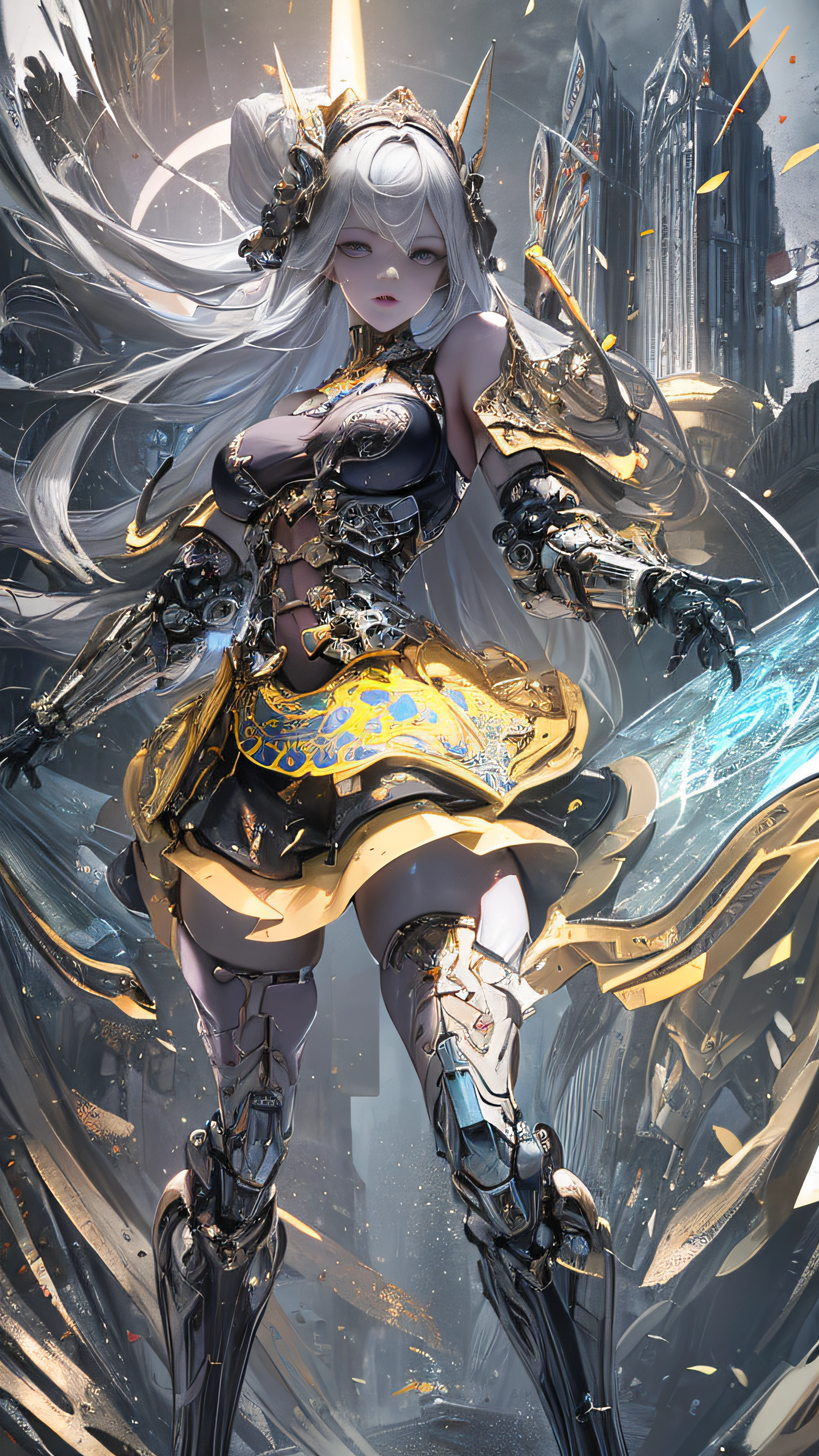 (((Masterpiece, top quality, super detailed))), ((Ultra-Photorealistic 3D)), Complex mechanical cyborg girl, Skeleton body, Dynamic combat action poses, Off-the-shoulder fashion fused with detailed and intricate steampunk and detailed gothic lolita, Complex steampunk headgear, very thin long legs, Complex mechanical boots above the knee, Fluttering Lace Flared Mini Skirt, beautiful small breasts directed upwards, rather long vertical cur, (((( highly detailed face))), small thin nose, small thin lip mouth, (((very sharp focused eyes))), very large slit precision pale gray eyes that shine like jewels. Very long eyelashes, ly silver hair moved by the wind, Emitting a dazzling light in a mandala pattern, Lots of neon lights cross and splash, Extremely complex giant mechanical weapons, Complex mechanical factory bursting into flames, Very dark night background, Very dramatic and cinematic lighting, (((a dramatic leap in overall precision, creating a super detailed and realistic image))), HDR (High Dynamic Range), Ray Tracing, NVIDIA RTX, Super Resolution, Unreal 5, Subsurface Scattering, PBR Texturing, Post-Processing, Anisotropic Filtering, Depth of Field, Maximum Clarity and Sharpness, Multilayer Textures, Albedo and Specular Maps, Surface Shading, Accurate Simulation Light Material Interaction, Perfect Proportions, Octane Rendering, Two-Tone Lighting, Wide Aperture, Low ISO, White Balance, Rule of Thirds, 16K RAW,