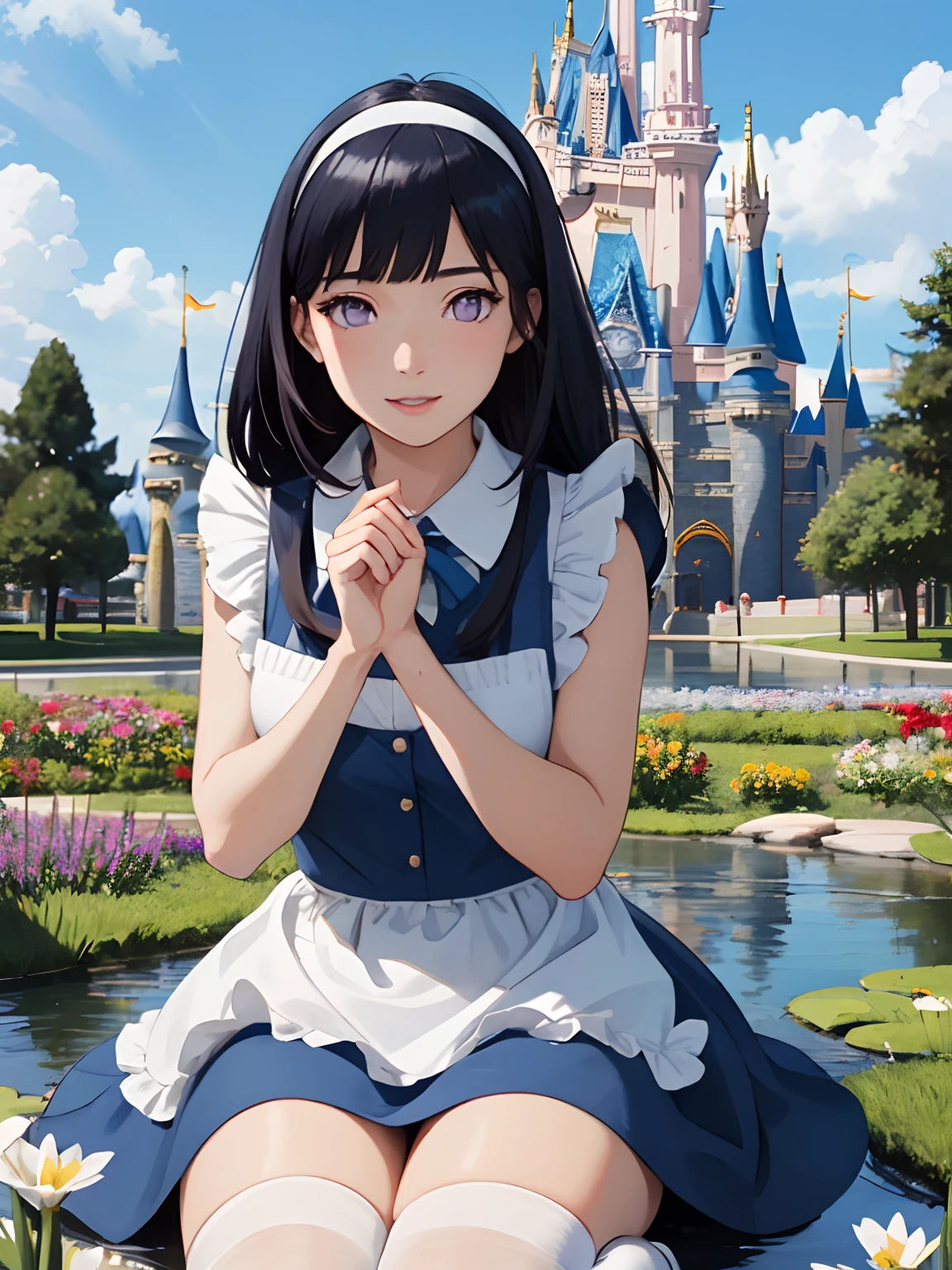 (masterpiece), (best quality), (extremely detailed), alice liddell, blue dress, white apron, black hairband, white long socks, cute pose, in a flower garden, (pond), (((disney castle at the background))), (blue sky), (sunny day), 3d. Illustration, Good Highlights, Perfect Proportions, dynamic, Professional, Award winning, (high detailed skin), (high detailed face), photorealistic, HDR, ultra highres, absurdres,Blunt Bangs, purple eyes, medium dark blue hair