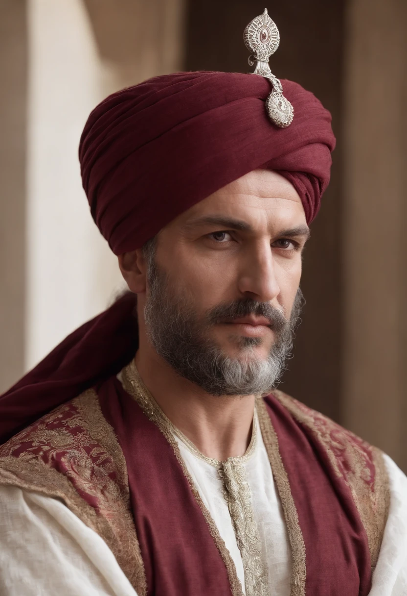 an ottoman pasha has a big turban on his head the color of the turban is white and burgundy very realistic like a real photograph on his horse he has an ottoman sword in his hand like a real photo angry looking eyes an imposing stance very realistic he is wearing a thick ottoman caftan on his photo very realistic like a scene from a movie he has a long beard dark auburn muscular man his muscles are big scary close-up facial features very distinct eyes and face very distinct caftan long very realistic