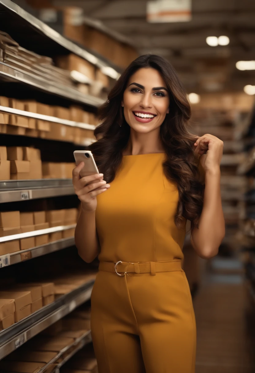 mulher sorridente com aparencia de 35 anos, Latin American appearance in a work outfit holding a phone as if you were recording some stories inside a building materials store in the floor section and resolution in full HD and realistic appearance for the image,